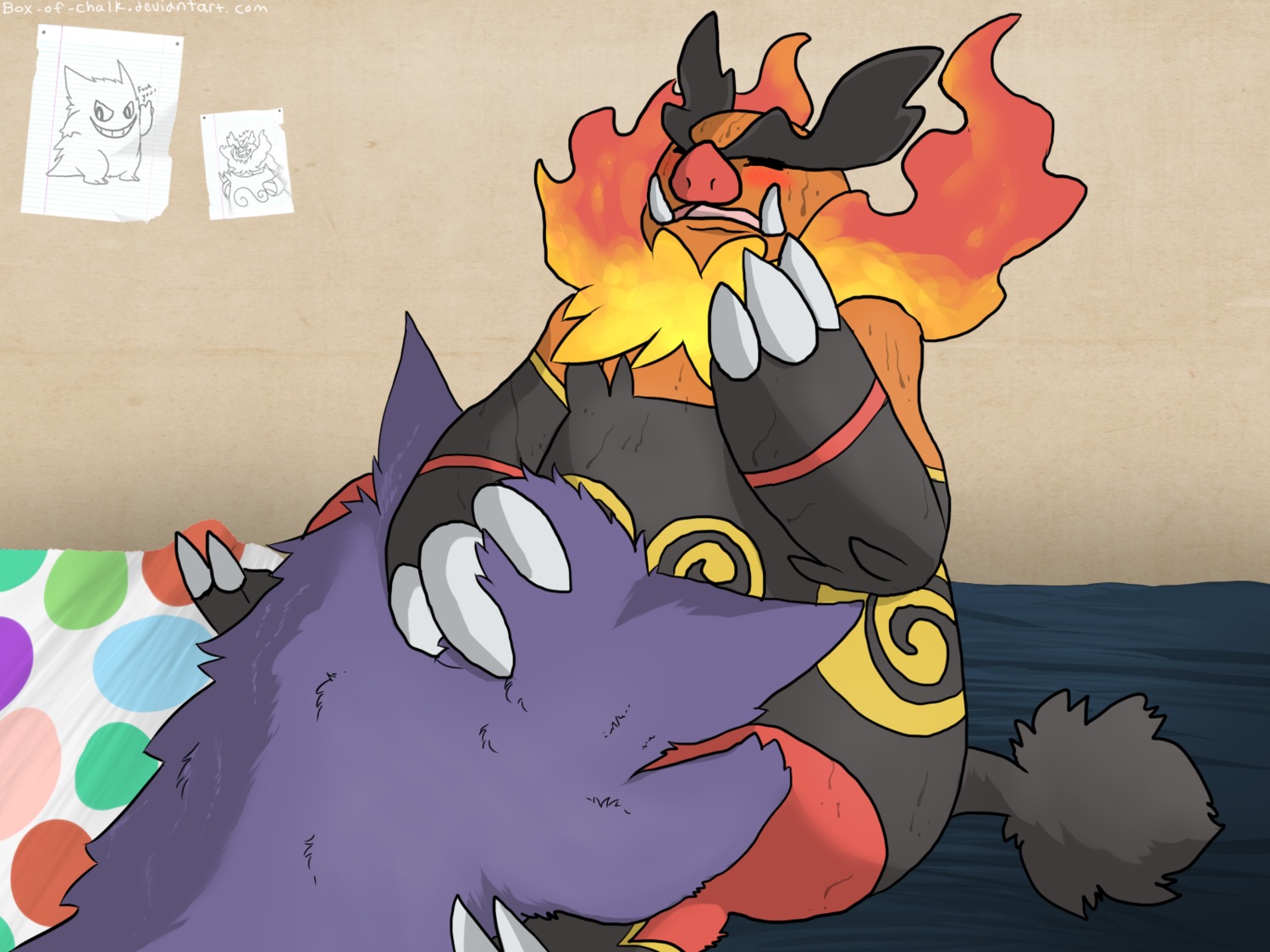 4:3 ambiguous/ambiguous ambiguous_gender anthro bed bedding bedroom blanket blush drawing_(object) drawing_in_a_drawing duo e621 emboar eyes_closed fire flaming_hair flaming_mane fur furniture generation_1_pokemon generation_5_pokemon gengar head_in_crotch hi_res inside interspecies looking_pleasured lying_and_blow_position male mammal moan nintendo nude obscured_face obscured_fellatio obscured_oral obscured_sex open_mouth oral overweight overweight_male paper pokemon pokemon_(species) pseudo_hair pseudo_mane purple_body purple_fur sex slightly_chubby sucked_silly sucking suine tail text tusks unknown_artist