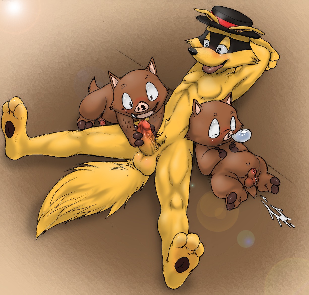 anthro anthro_on_anthro balls bodily_fluids bubble canid canine clothing cum e621 erection foreskin fox genital_fluids genitals group half-erect hands_behind_head hat hat_only headgear headgear_only headwear headwear_only humanoid_genitalia humanoid_penis interspecies ishishi kaiketsu_zorori larger_male male male/male mammal mostly_nude noshishi partially_retracted_foreskin penis size_difference smaller_male snot snot_bubble suid suine sus_(pig) tail utx-shapeshifter wild_boar young zorori