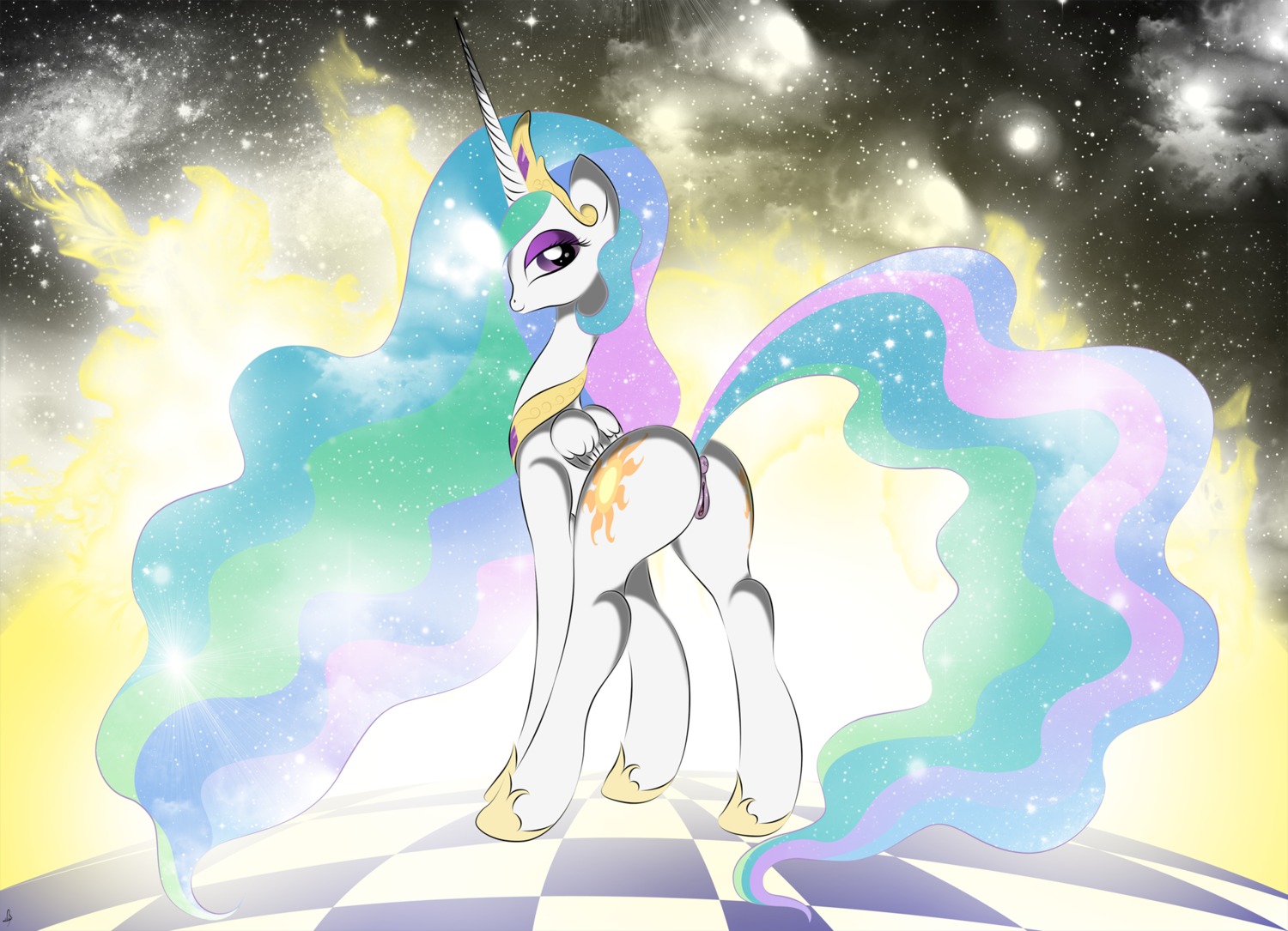 2012 butt crown cutie_mark e621 equid equine feathered_wings feathers female feral friendship_is_magic genitals hair hasbro headgear hi_res horn looking_at_viewer looking_back mammal multicolored_hair my_little_pony mythological_creature mythological_equine mythology pose presenting presenting_hindquarters princess princess_celestia_(mlp) purple_eyes quadruped royalty solo tail v-d-k vulva white_body white_feathers winged_unicorn wings