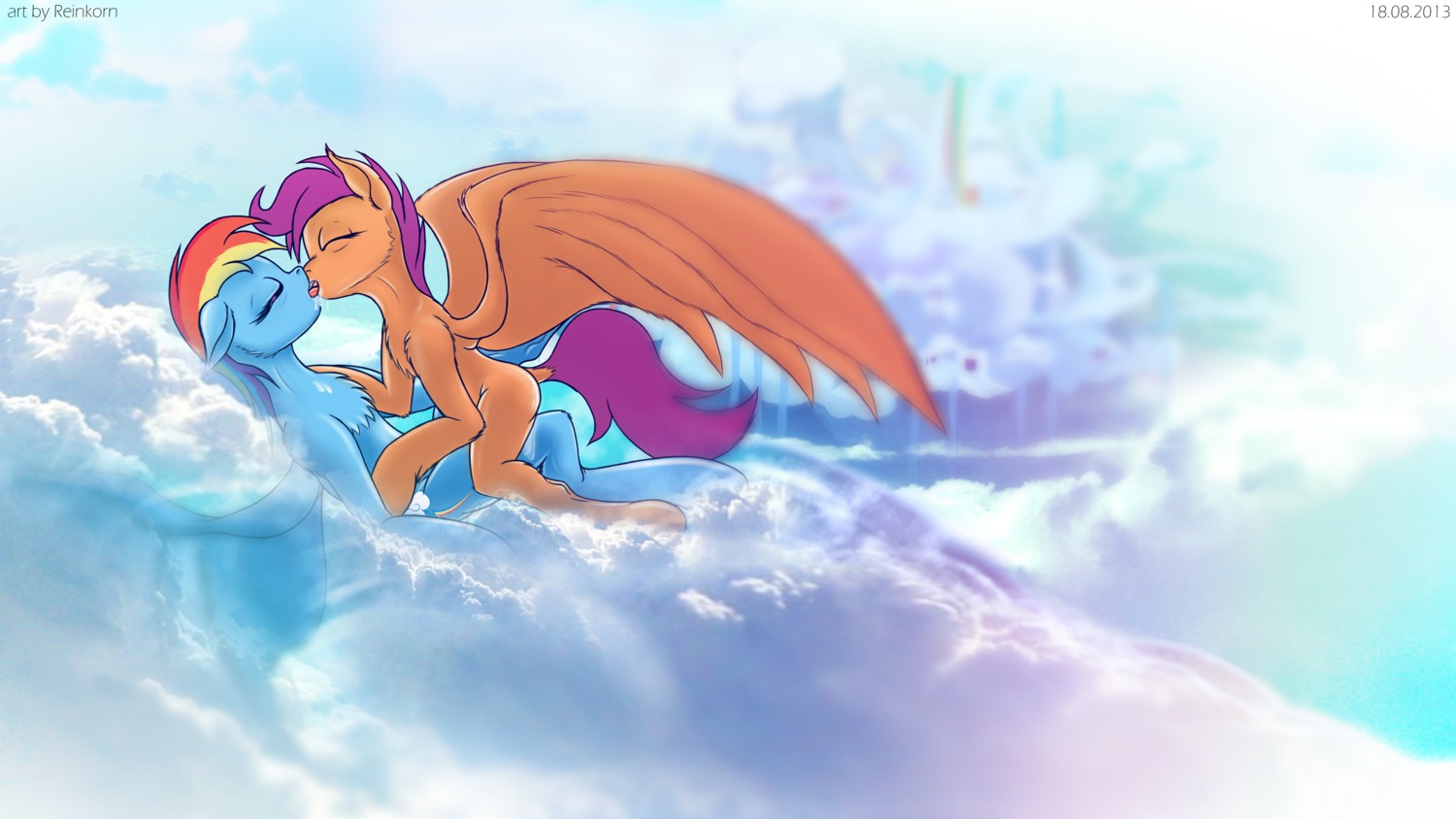 16:9 absurd_res blue_body blue_feathers blue_fur bodily_fluids cloud duo e621 equid equine eyes_closed feathered_wings feathers female female/female feral friendship_is_magic fur genital_fluids grinding hair hasbro hi_res horse_tail kissing mammal multicolored_hair my_little_pony mythological_creature mythological_equine mythology nude open_mouth orange_body orange_fur outside pegasus purple_eyes purple_hair rainbow_dash_(mlp) rainbow_hair reinkorn rubbing scootaloo_(mlp) side_view sky skyscape spread_legs spreading teeth tongue translucent vaginal_fluids widescreen wings young young_feral