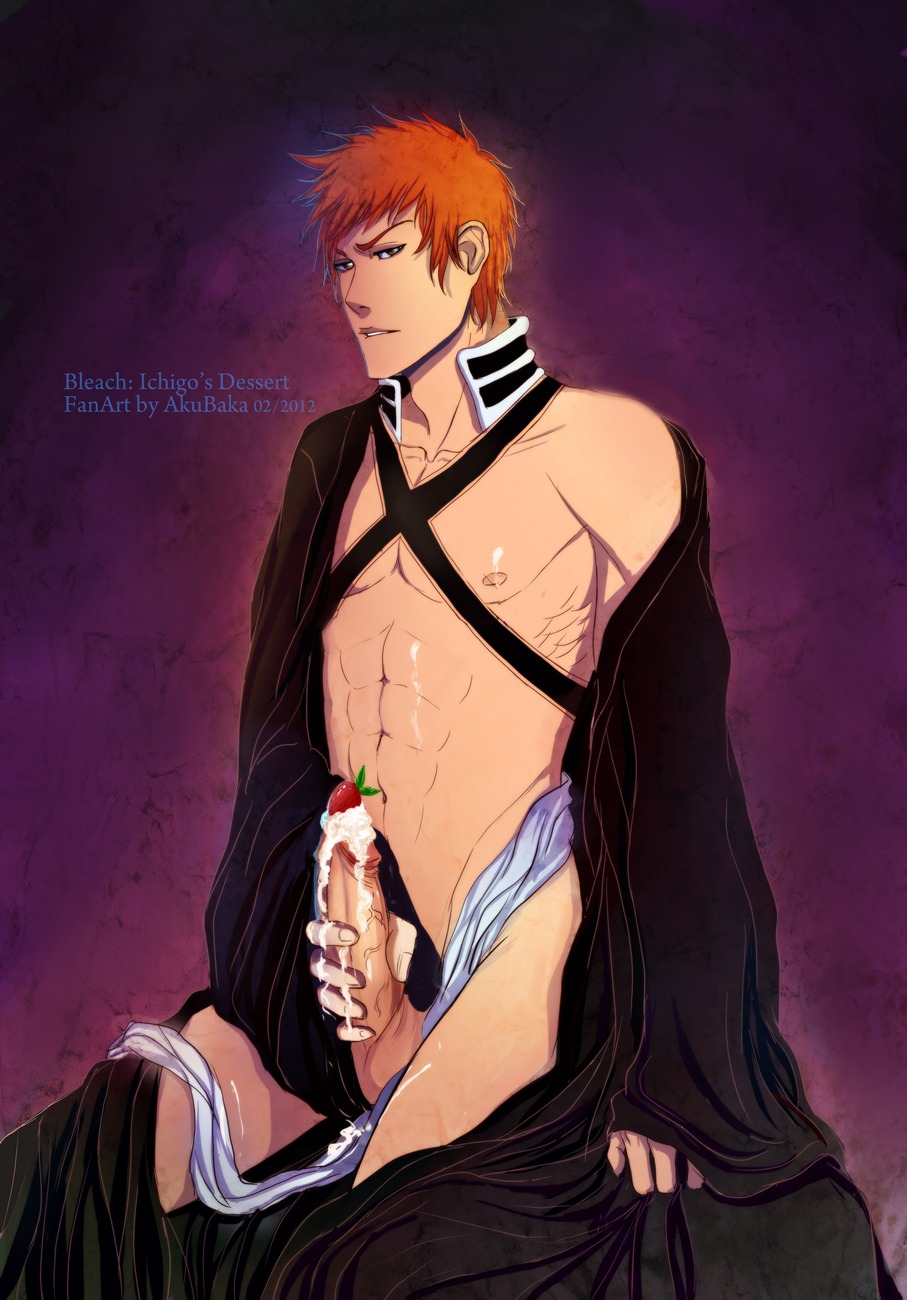 1boy akubaka bleach food ichigo_kurosaki male male_only masturbation open_clothes orange_hair penis rule34 solo strawberry tagme