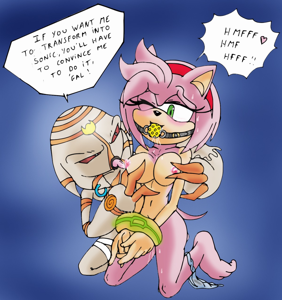 amy_rose anthro arms_bound ball_gag bdsm blush bondage breasts cum drooling female femsub gag grope hedgehog kneeling nipple_pinch nipples nude panties panties_on_leg pussy raianonzika restrained rule34 sonic_(series) submissive wince