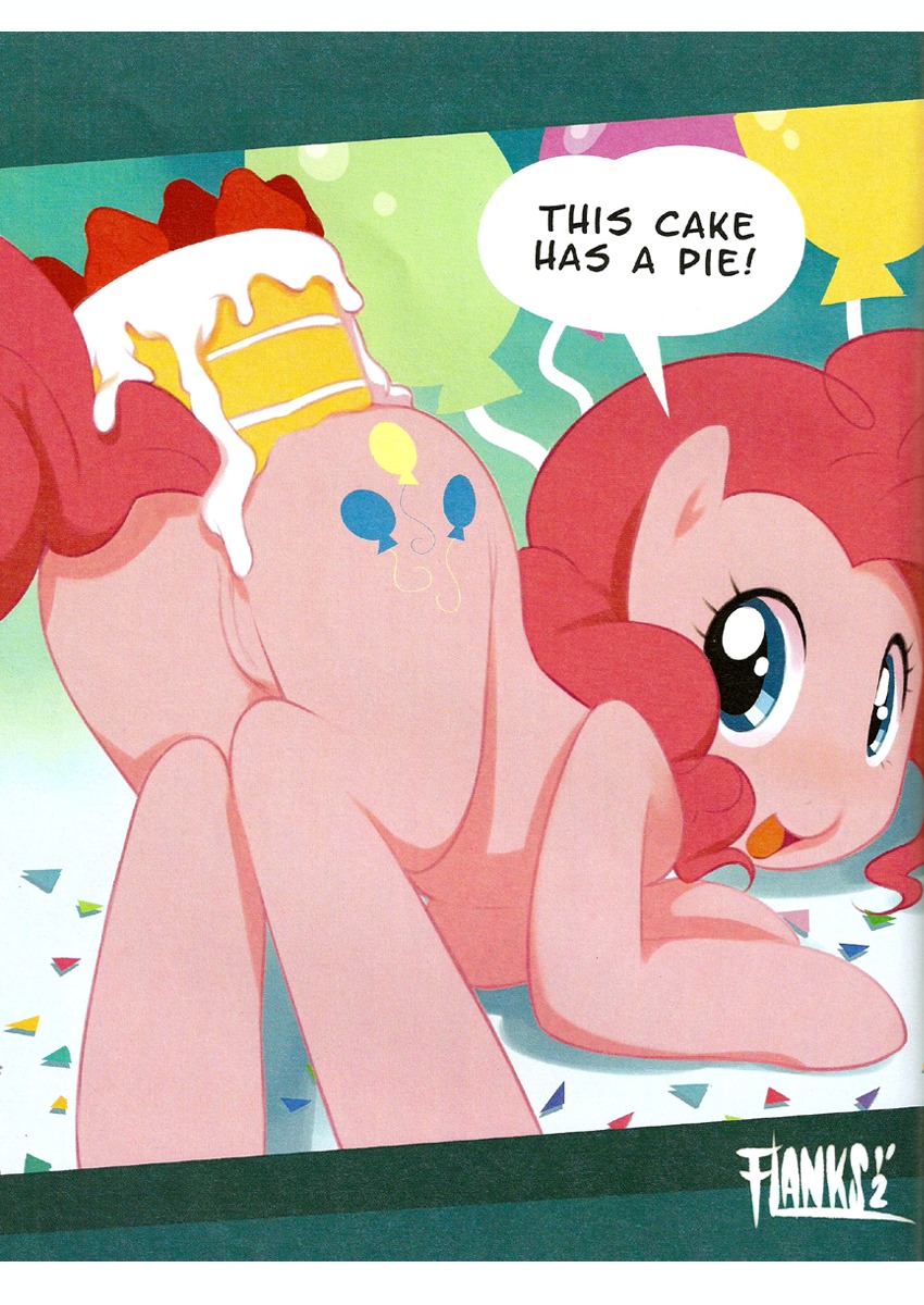 2012 bent_over blue_eyes butt cake clubstripes comic cutie_mark dessert digital_media_(artwork) e621 earth_pony equid equine female feral food food_fetish food_play friendship_is_magic fur genitals hair hasbro hi_res hoof_beat horse letterbox looking_at_viewer looking_back mammal miu my_little_pony pink_body pink_fur pink_hair pinkie_pie_(mlp) pony presenting presenting_hindquarters solo tail text vulva