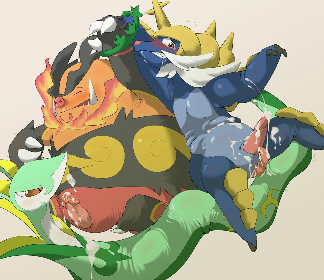 2_penises animal_genitalia animal_penis anthro biozs blue_body blue_fur bodily_fluids cum e621 emboar erection feral fire flaming_hair flaming_mane fur generation_5_pokemon genital_fluids genitals green_body green_skin group hemipenes interspecies male male/male mammal multi_genitalia multi_penis nintendo penis pokemon pokemon_(species) pseudo_hair pseudo_mane red_body red_skin reptile samurott scalie serpentine serperior slightly_chubby snake starter_trio suid suine sus_(pig) wild_boar