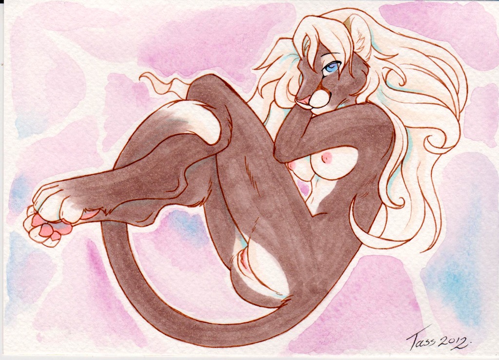 4_toes anthro breasts claws cougar digitigrade e621 feet felid feline female genitals mammal nipples nude pawpads paws pink_pawpads pinup pose soles solo tail tassy_(artist) toes vulva