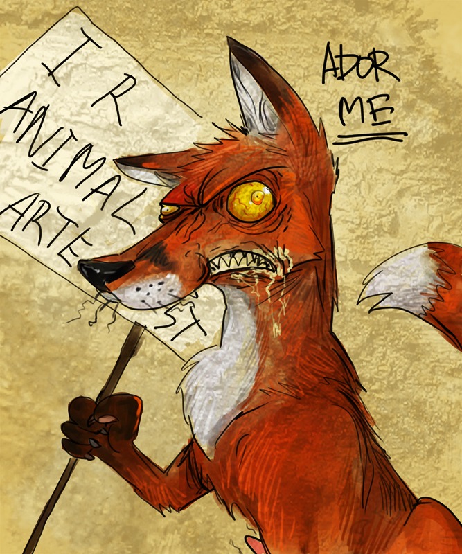 angry canid canine dipstick_tail e621 english_text erection feral fox genitals holding_object holding_sign male mammal markings penis rabies sign solo tail tail_markings text torture-device