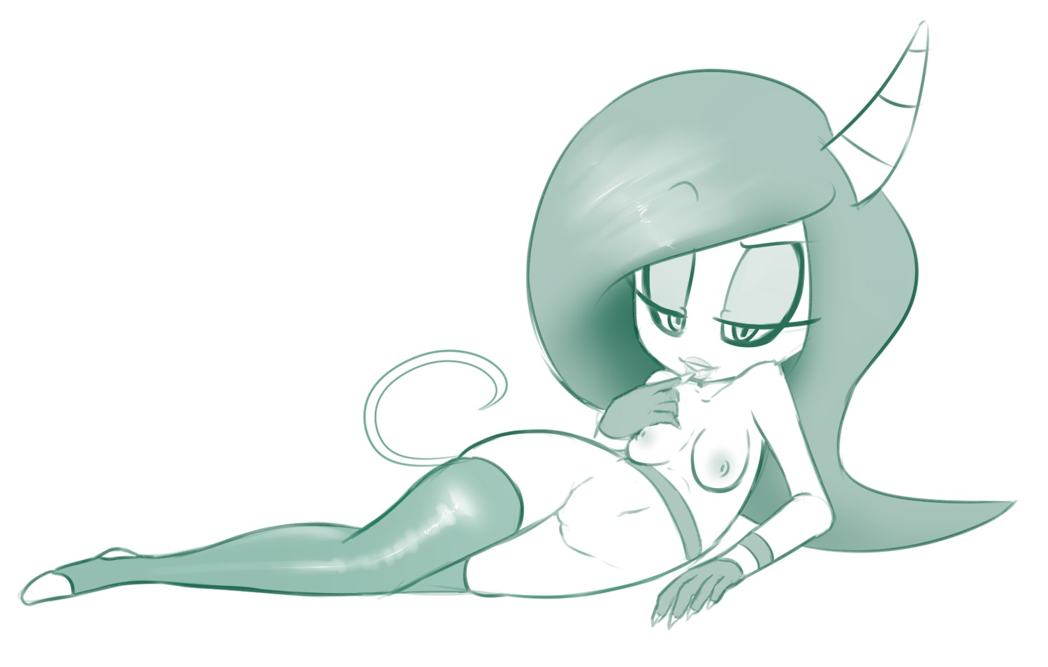breasts digital_media_(artwork) e621 female genitals green_hair hair hi_res horn horned_humanoid humanoid mammal monochrome not_furry sega solo sonic_the_hedgehog_(series) tenshigarden the_deadly_six vulva zeena zeti