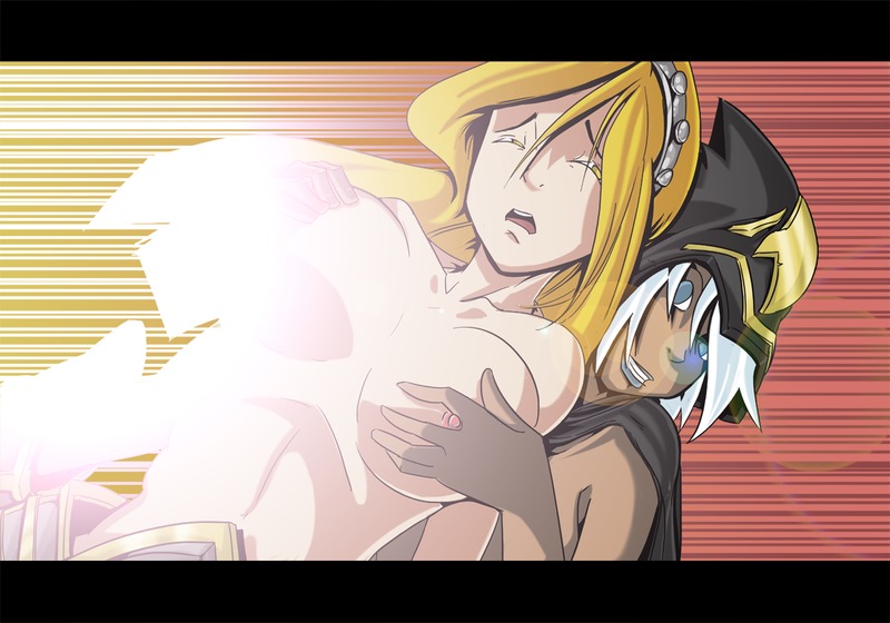 ashe_(league_of_legends) blonde_hair blue_eyes breast_grab breasts cape female hood league_of_legends luxanna_crownguard rule34 tagme teenn white_hair