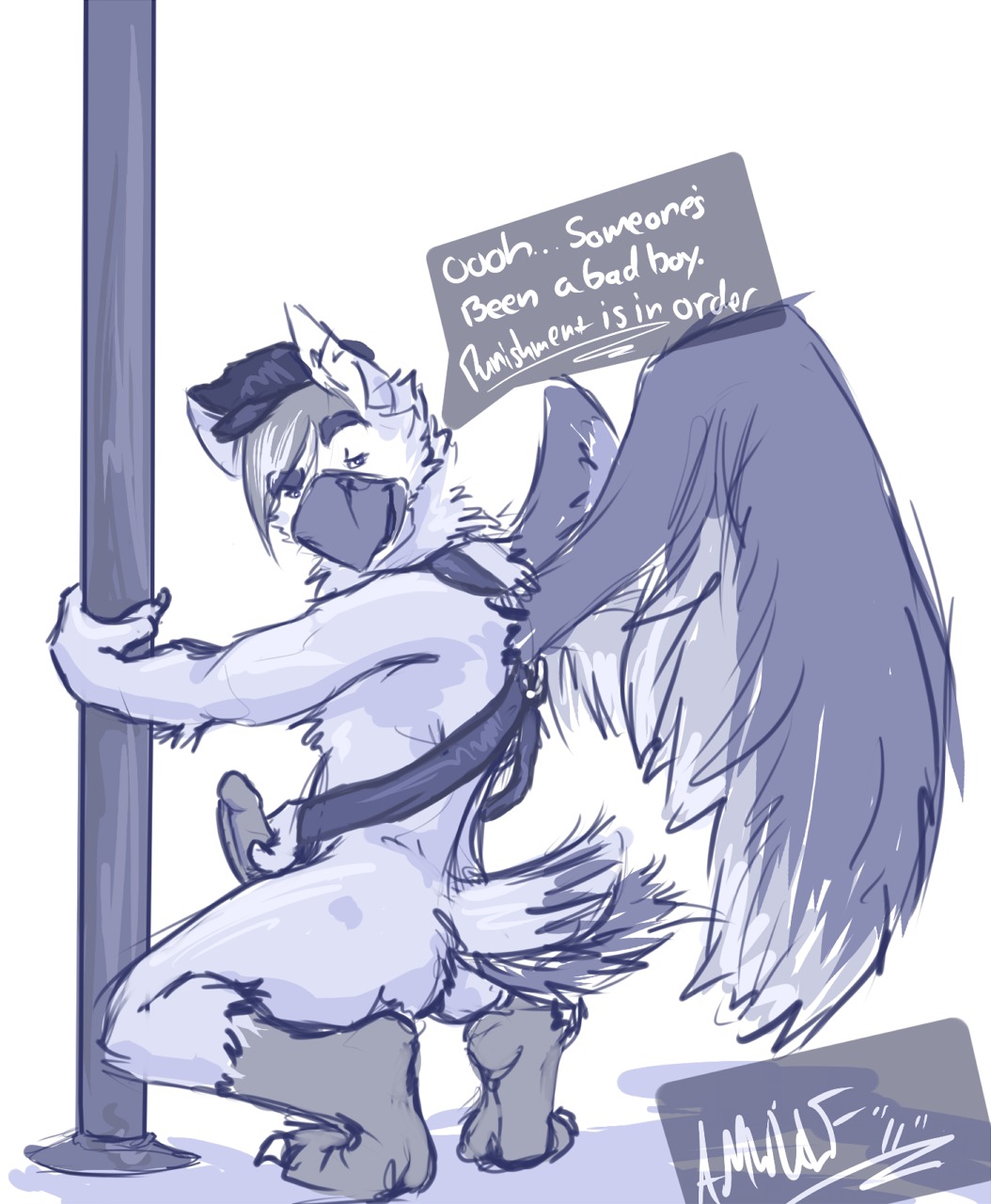 amwulf anthro avian bdsm beak bondage bound dialogue e621 english_text erection feathered_wings feathers genitals gryphon harness hi_res holding_fixture humanoid_genitalia humanoid_penis leuphe looking_at_viewer looking_back looking_back_at_viewer male mythological_avian mythological_creature mythology nude penis pole simple_background solo tail tail_feathers talking_to_viewer text white_background wings