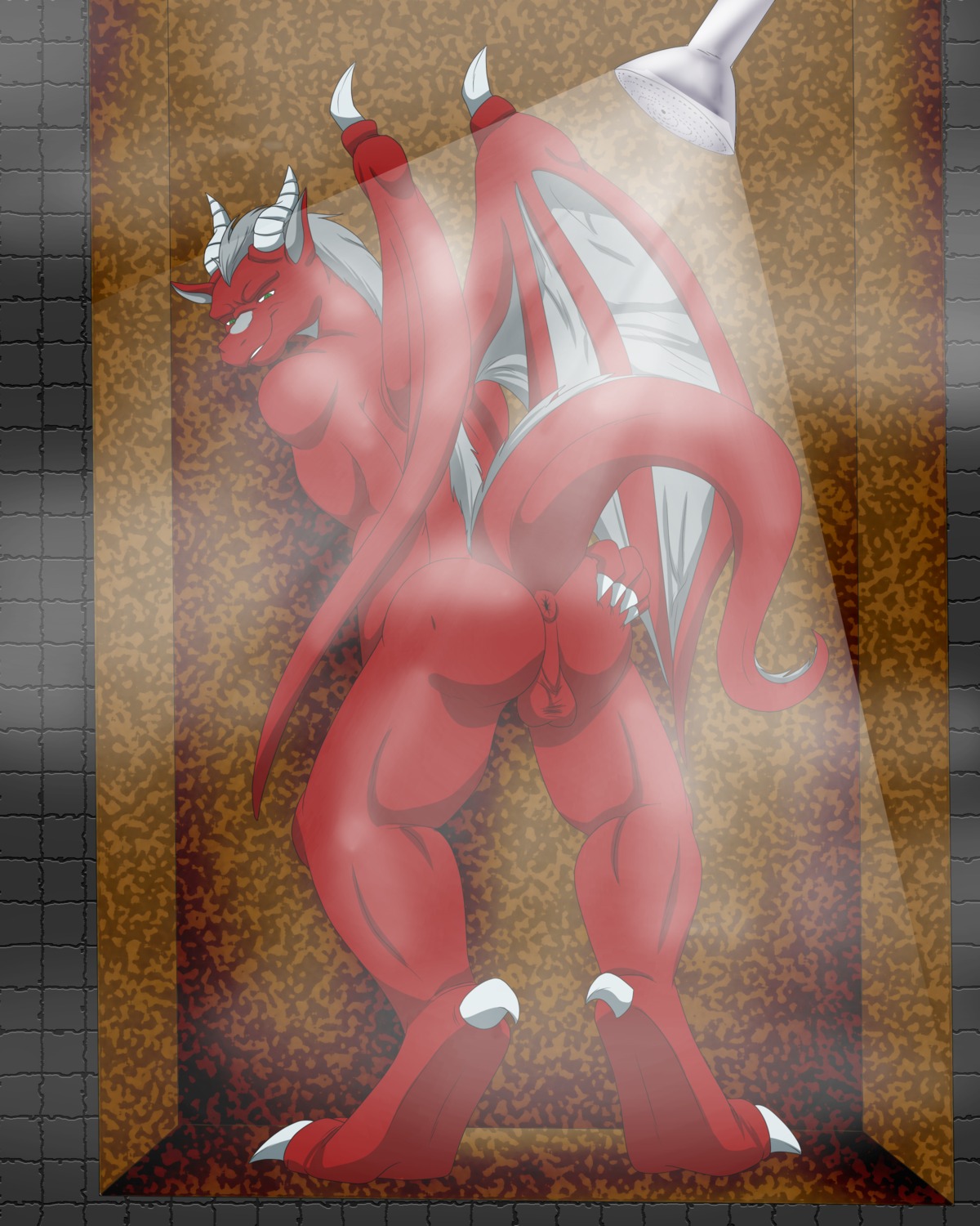 4:5 absurd_res anus backsack balls bent_over butt butt_grab claws dragon e621 european_mythology flirting genitals glacierk green_eyes grey_hair hair hand_on_butt hi_res horn inviting looking_at_viewer looking_back male membrane_(anatomy) membranous_wings muscular muscular_male mythological_creature mythological_scalie mythology nude perineum presenting presenting_hindquarters raised_tail rear_view red_body scalie shower shower_head smile solo standing tail the_jedidragon toe_claws western_dragon wings