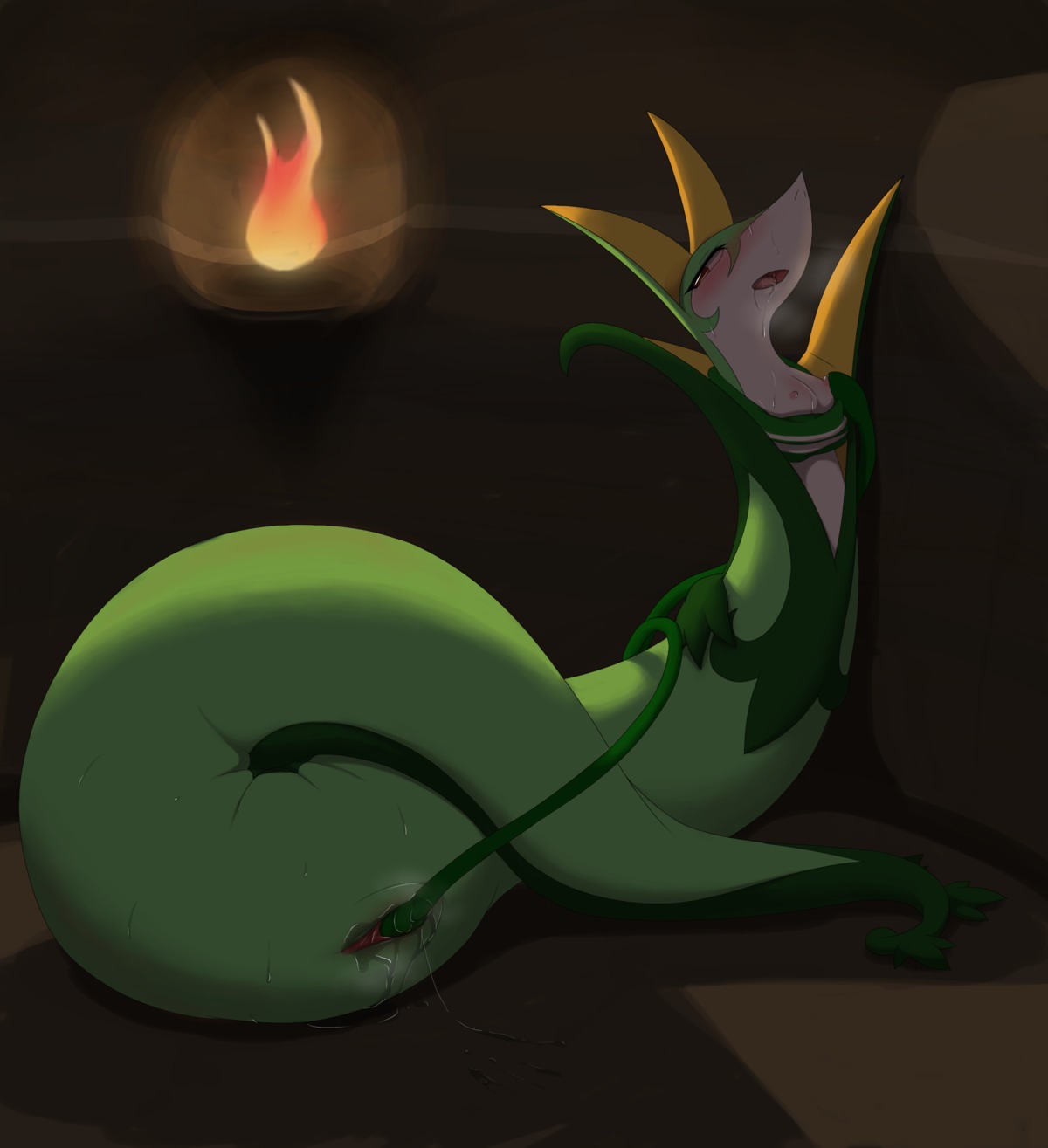 animal_genitalia areola blush bodily_fluids breasts busty_feral cave cloaca cloacal cloacal_penetration detailed_background drooling e621 eyelashes female feral fire generation_5_pokemon genital_fluids genitals hi_res kajinchu long_eyelashes masturbation medium_breasts nintendo nipples non-mammal_breasts non-mammal_nipples penetration plant pokemon pokemon_(species) reptile saliva scalie serpentine serperior snake solo sweat tentacles tsutami vertical_cloaca vine_whip vines vulva