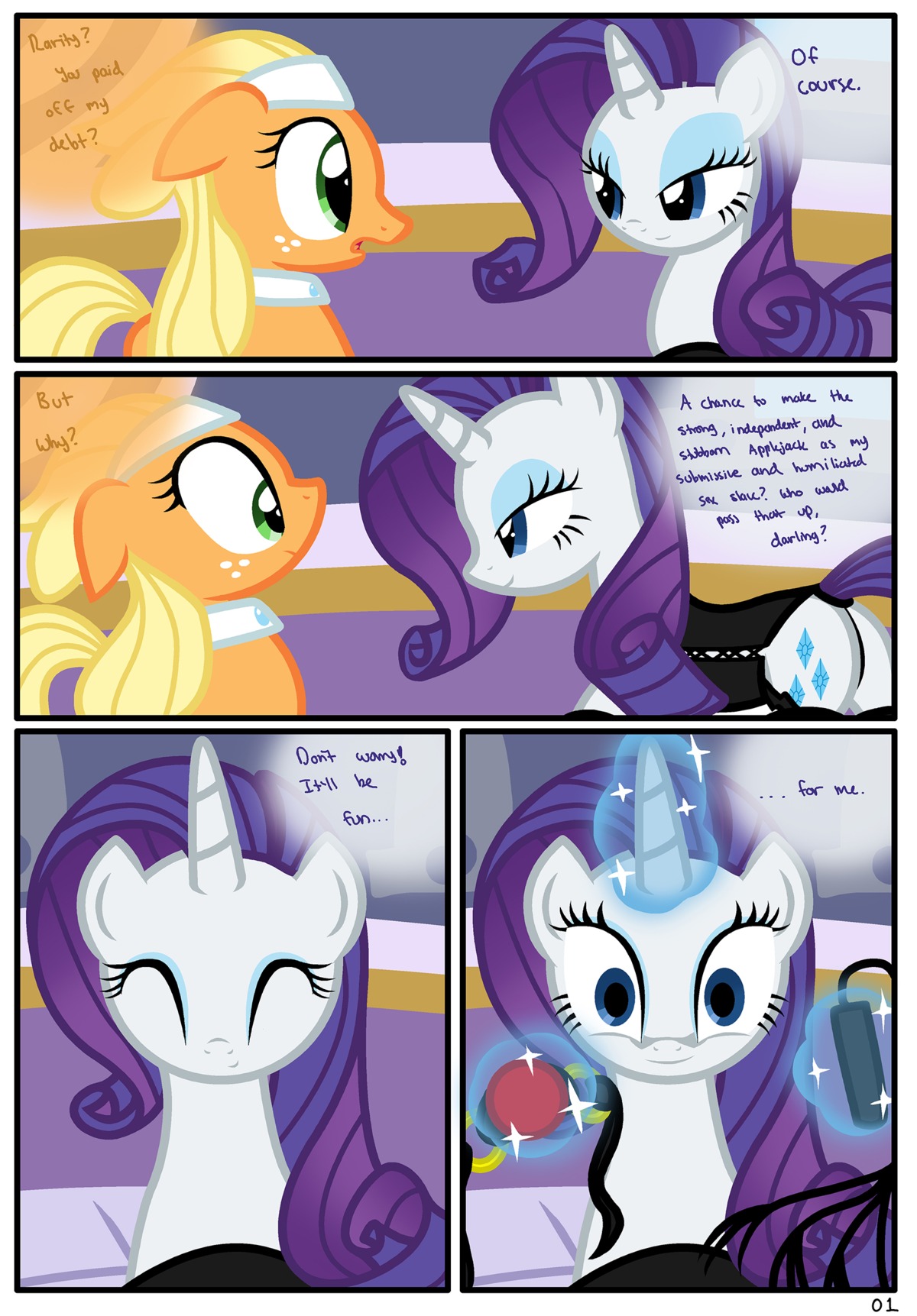 absurd_res accessory applejack_(mlp) ball_gag blonde_hair blue_eyes blue_eyeshadow clothing comic corset cutie_mark dialogue e621 earth_pony english_text equid equine eyeshadow female feral freckles friendship_is_magic gag green_eyes hair hasbro headband hi_res horn horse lingerie magic magic_user makeup mammal my_little_pony mythological_creature mythological_equine mythology pony purple_hair pyruvate rarity_(mlp) spa tail text topwear unicorn whip white_body yellow_body