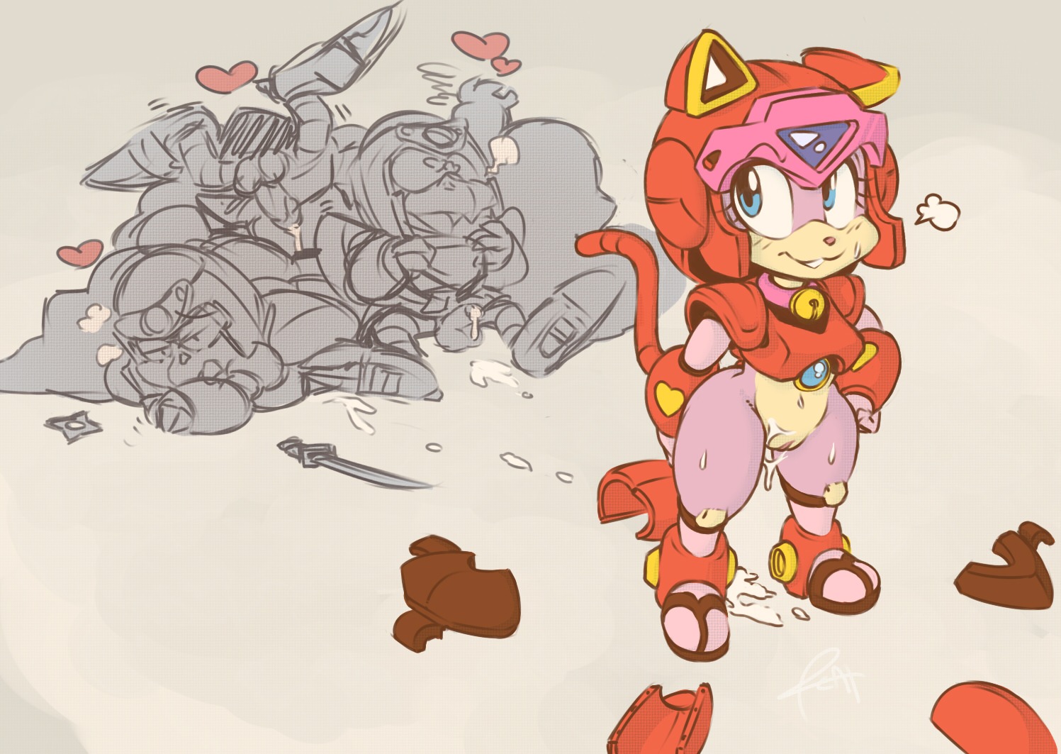 after_sex anthro armor avian bird blue_eyes bottomless clothed clothing collar curvy_figure defeated domestic_cat e621 felid feline felis female fur genitals group male mammal melee_weapon navel pink_body pink_fur pizzacat polly_esther ranged_weapon samurai_pizza_cats shortstack shortstack_female shuriken solo_focus sword thick_thighs vulva weapon wide_hips