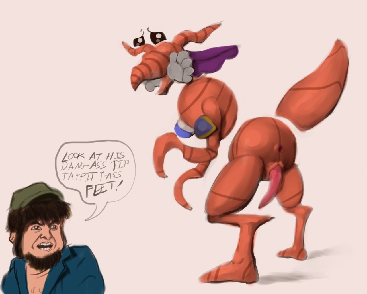 amazing_island anus butt clothing dialogue duo e621 english_text erection game_grumps genitals hat headgear headwear human jesus_(game_grumps) jon_jafari jontron male mammal mukihyena open_mouth orange_body penis simple_background speech_bubble tapering_penis teeth text unknown_species white_background