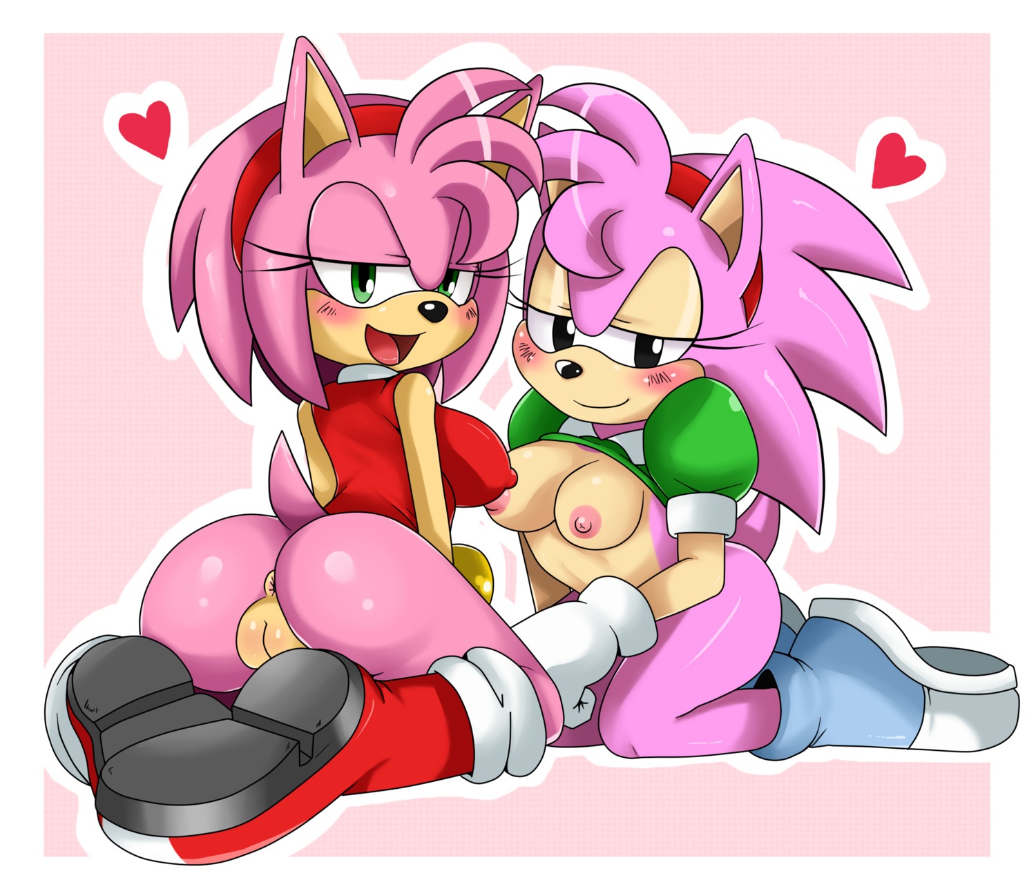 2011 accessory amy_rose anthro anus bedroom_eyes big_breasts black_eyes black_nose blush boots bottomless bracelet breasts butt classic_amy_rose classic_sonic_(universe) clothed clothing digital_media_(artwork) duo e621 erect_nipples eulipotyphlan european_hedgehog female footwear genitals gloves green_eyes hair hair_accessory hairband handwear heart_symbol hedgehog hi_res jewelry kneeling looking_at_viewer looking_back mammal narrowed_eyes nipple_outline nipples open_mouth pink_body pink_hair presenting presenting_hindquarters rear_view seductive sega shoes short_hair smile sonic_the_hedgehog_(series) sssonic2 tight_clothing vulva