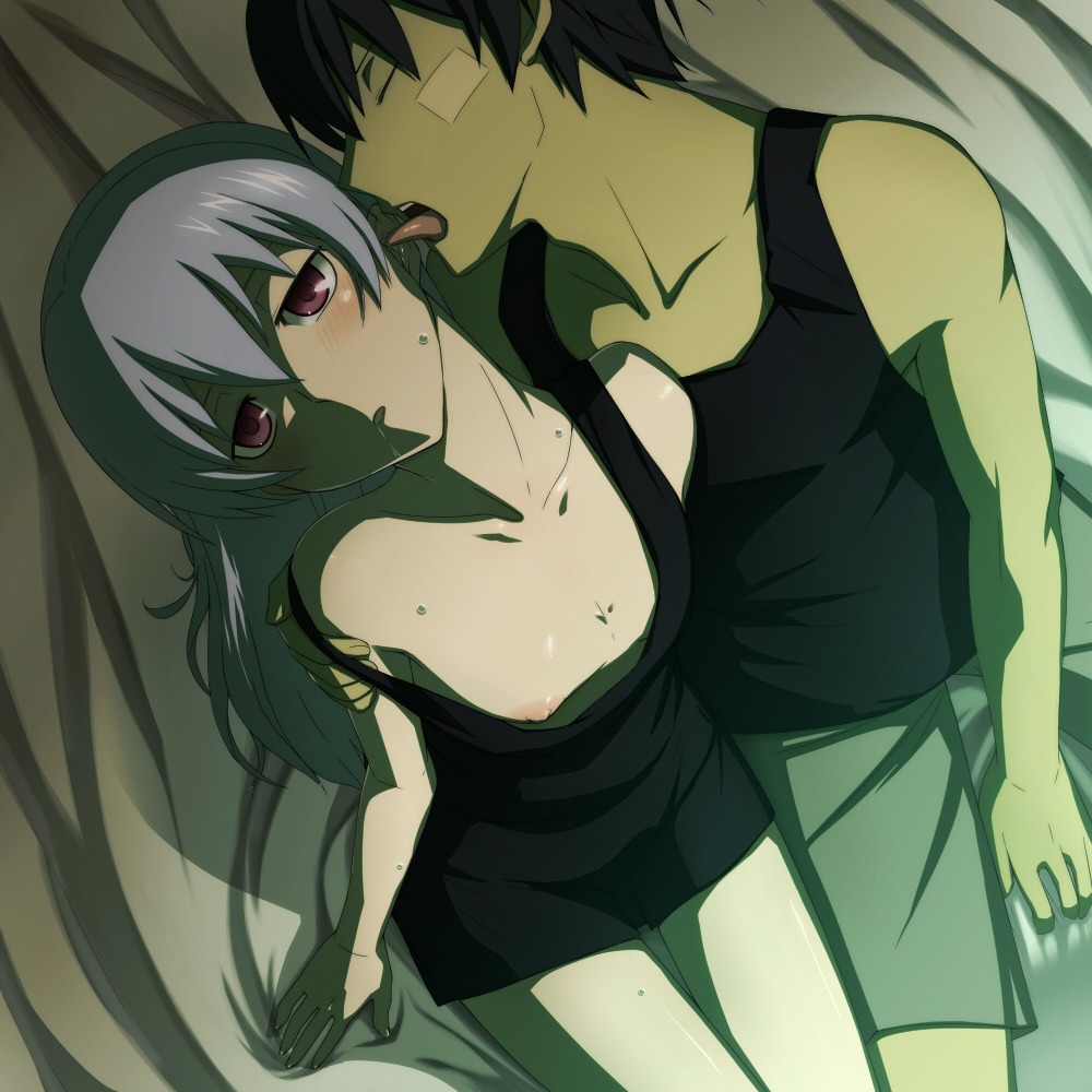 1boy 1girls blush chemise darker_than_black down_blouse ear_licking female flat_chest grey_hair hair_down hei_(darker_than_black) kanna_asuke licking long_hair male nipple_slip nipples no_bra panties purple_eyes rule34 saliva short_hair silver_hair strap_slip sweat tongue underwear yin_(darker_than_black)