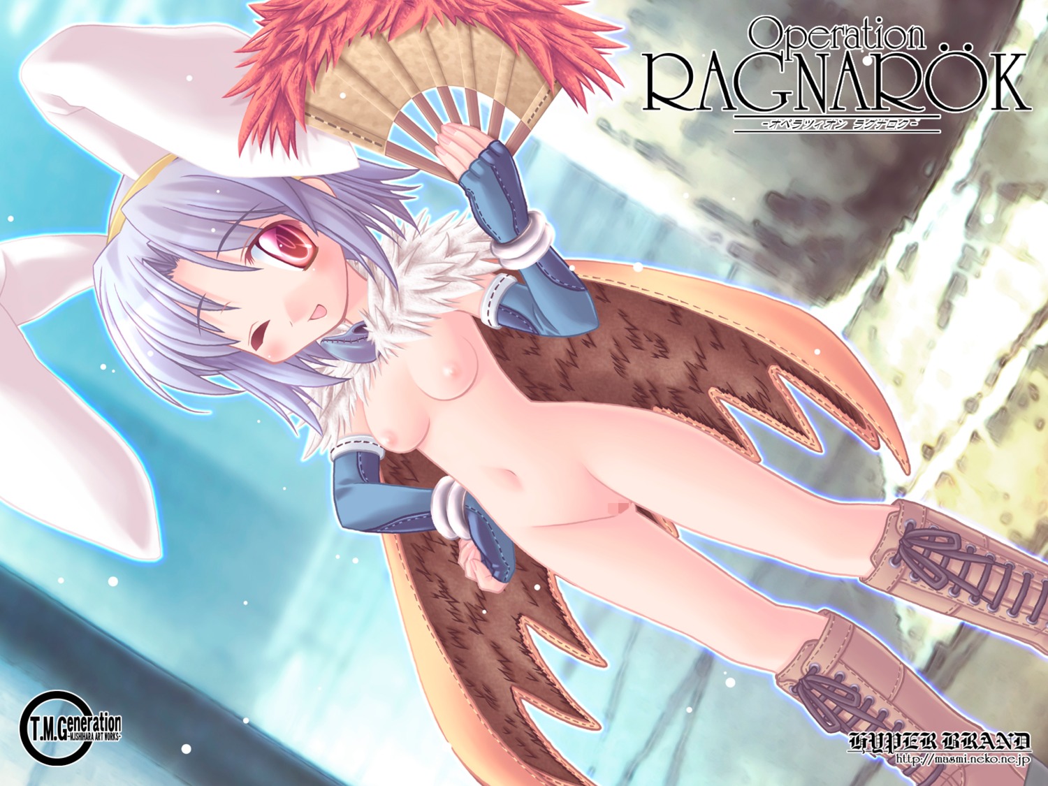 1girls alchemist_(ragnarok_online) animal_ears blush boots breasts bunny_ears cape censored dutch_angle elbow_gloves fake_animal_ear fan female fingerless_gloves flat_chest fur gloves hand_on_hip highres ishihara_masumi laughing naked_footwear nipples nude open_mouth purple_hair pussy ragnarok_online red_eyes rule34 short_hair small_breasts solo wallpaper wink