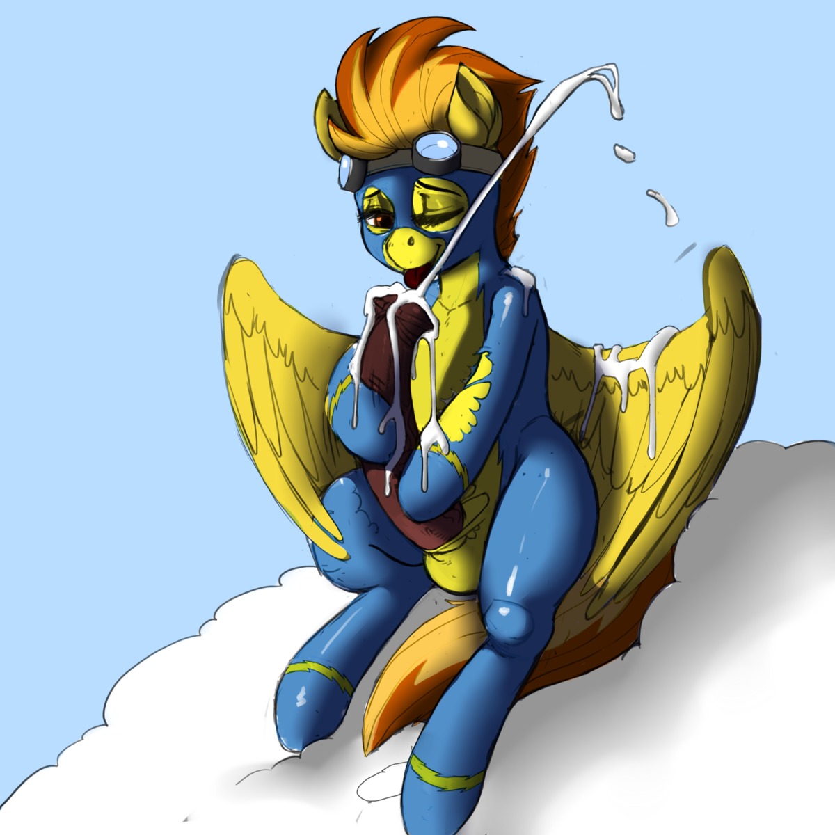 1:1 2014 animal_genitalia animal_penis autofellatio balls bodily_fluids cum cumshot digital_media_(artwork) e621 ejaculation equid equine equine_genitalia equine_penis erection eyewear feathered_wings feathers feral friendship_is_magic fur genital_fluids genitals gynomorph hair hasbro hi_res intersex kevinsano mammal masturbation multicolored_hair my_little_pony mythological_creature mythological_equine mythology one_eye_closed oral oral_masturbation orange_hair orgasm pegasus penile penile_masturbation penis solo spitfire_(mlp) two_tone_hair wings wonderbolts_(mlp) yellow_body yellow_feathers yellow_fur