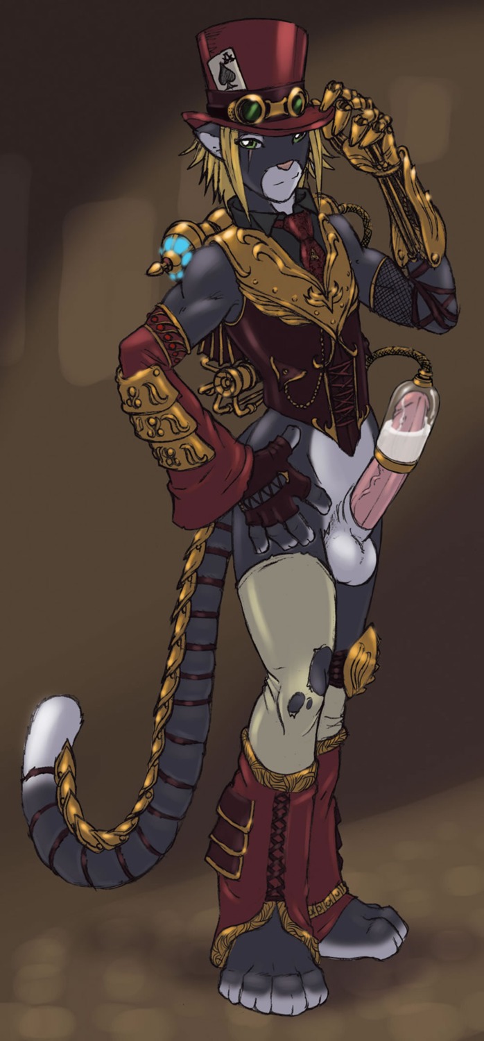2010 alternative_fashion anthro balls bodily_fluids bottomless clothed clothing cum digital_media_(artwork) e621 erection felid genital_fluids genitals gideon green_eyes hat headgear headwear hi_res humanoid_genitalia humanoid_penis male mammal penis solo steampunk tail