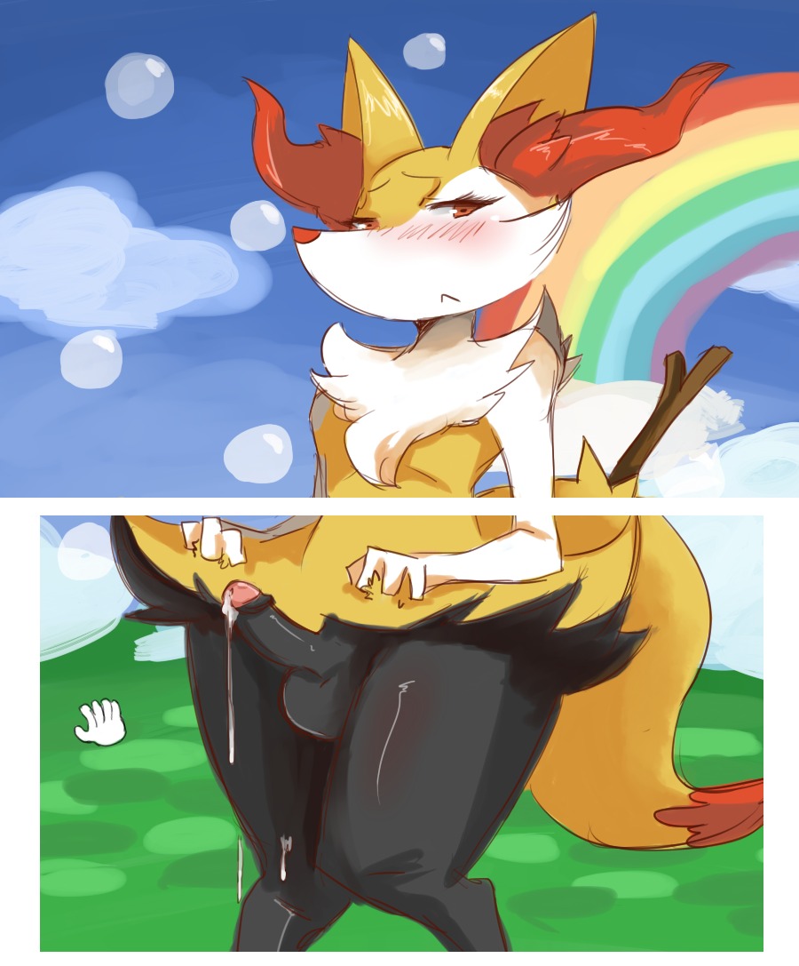 4_fingers 5_fingers anthro balls biped blush bodily_fluids braixen canid canine cloud cum cum_on_leg cum_on_penis cum_string detailed_background digital_media_(artwork) e621 electronics erection eyelashes fingers foreskin frown fur game_background game_console generation_6_pokemon genital_fluids genitals glans glistening grasp grass half-closed_eyes humanoid_genitalia humanoid_penis inner_ear_fluff lightsource looking_away male mammal narrowed_eyes nintendo nintendo_3ds nintendo_ds_family nude outside penis plant pokemon pokemon_(species) pokemon_amie presenting rainbow rainbow_arch retracted_foreskin shadow sky solo standing stick tuft wood