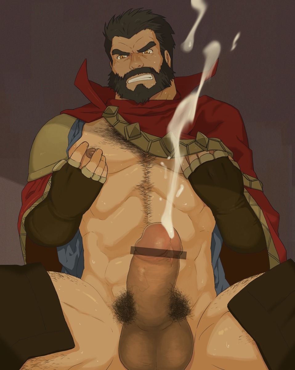 1boy abs beard censored cum ejaculation erection hairy_chest happy_trail hrio league_of_legends malcolm_graves male male_only muscular muscular_male nipple_tweak pecs pubes rule34 solo solo_male spread_legs