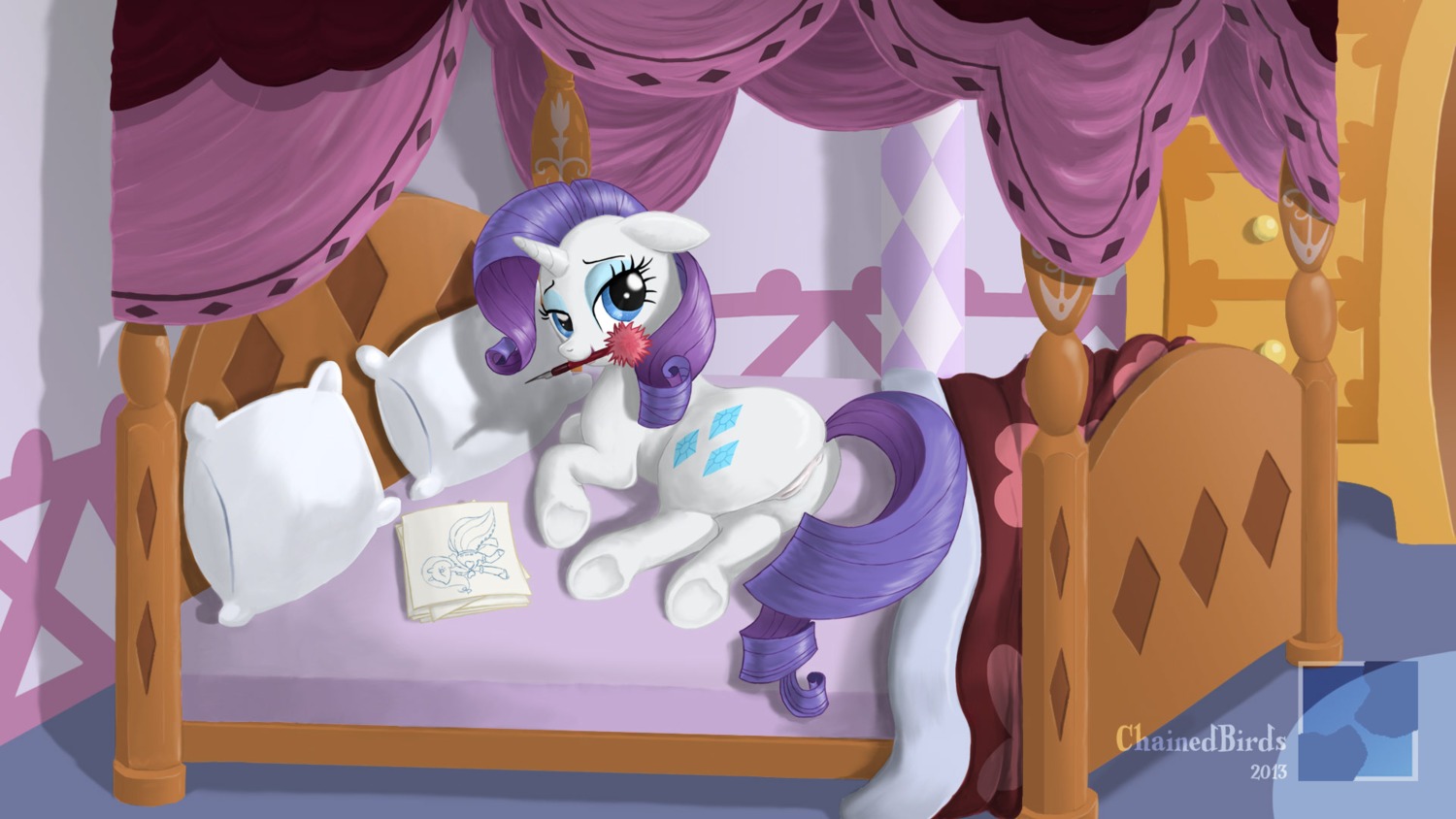 16:9 2013 anus bed blue_eyes blue_eyeshadow chainedbirds cutie_mark e621 equid equine eyeshadow female feral friendship_is_magic furniture genitals hair hasbro hi_res horn inside looking_at_viewer lying makeup mammal my_little_pony mythological_creature mythological_equine mythology nude on_side pen pillow purple_hair quadruped rarity_(mlp) solo tail unicorn vulva widescreen