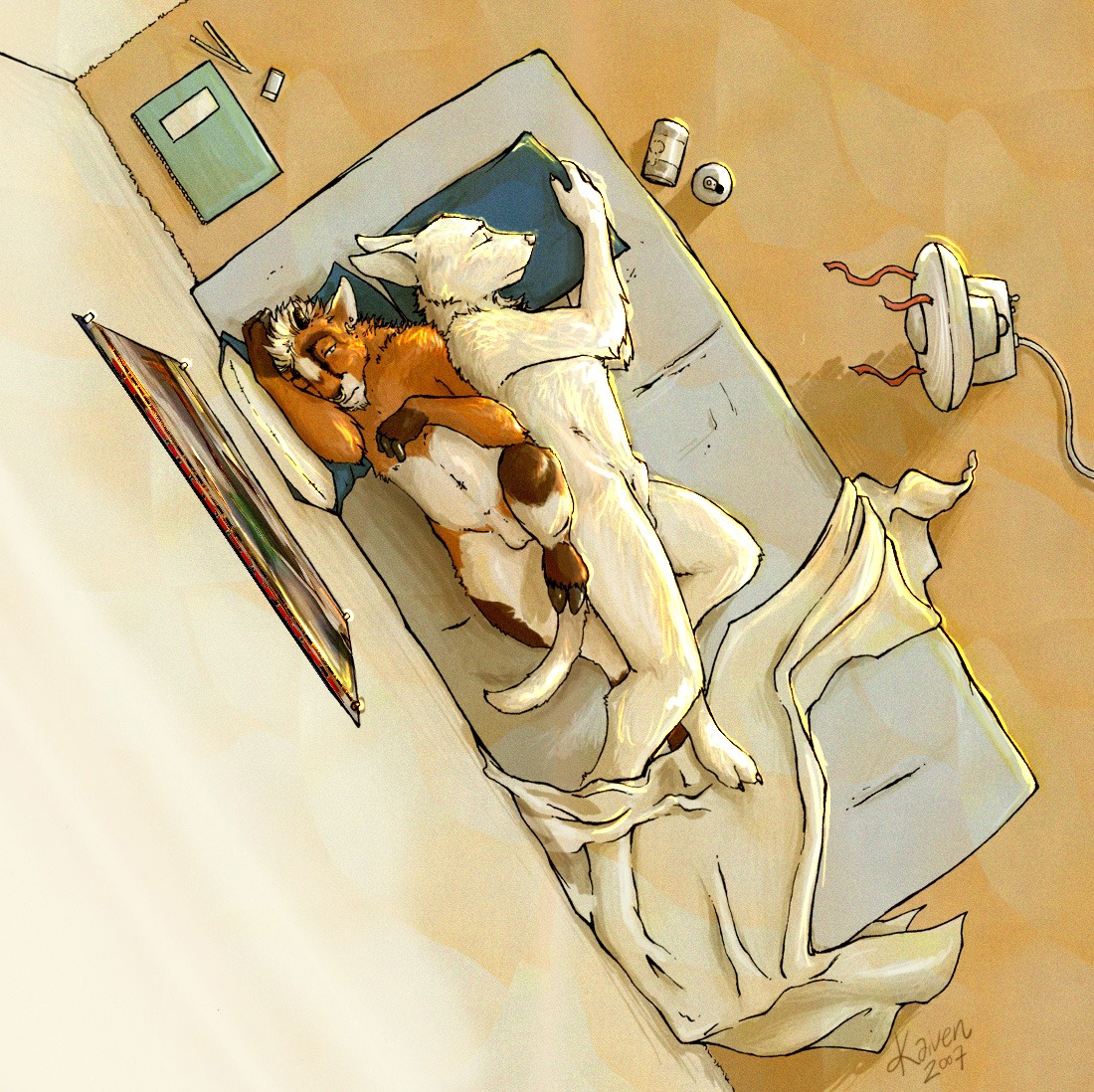 2007 alan_(kaiven) animal_genitalia anthro attached_sheath balls bed bird's-eye_view broken_horn brown_body brown_fur can canid canine canis container digitigrade dormitory duo e621 ear_piercing electric_fan elliot_(kaiven) eyes_closed facial_piercing fully_sheathed fur furniture genitals hair half-closed_eyes high-angle_view horn inside jewelry kaiven kangaroo macropod male male/male mammal marsupial multicolored_body multicolored_fur narrowed_eyes nose_piercing nose_ring nude on_bed one_eye_closed oscillating_fan perspective piercing ring_piercing septum_piercing sheath sleeping slice_of_life student tail two_tone_body two_tone_fur waking_up white_body white_fur white_hair wolf
