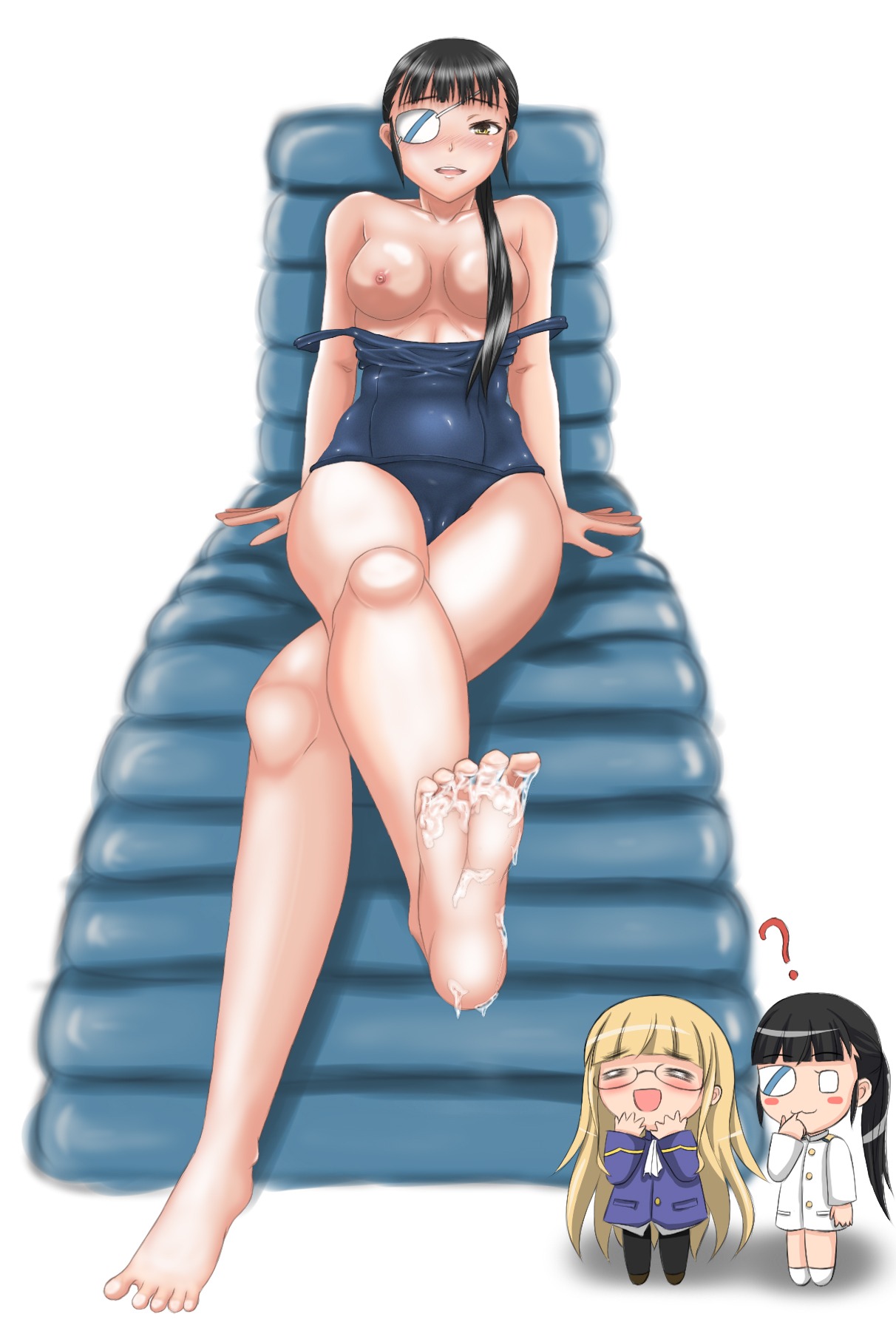 blush breasts censored cum eye_patch female glasses medium_breasts monizumi_ishikawa one-piece_swimsuit rule34 sakamoto_mio strike_witches swimsuit tagme world_witches_series