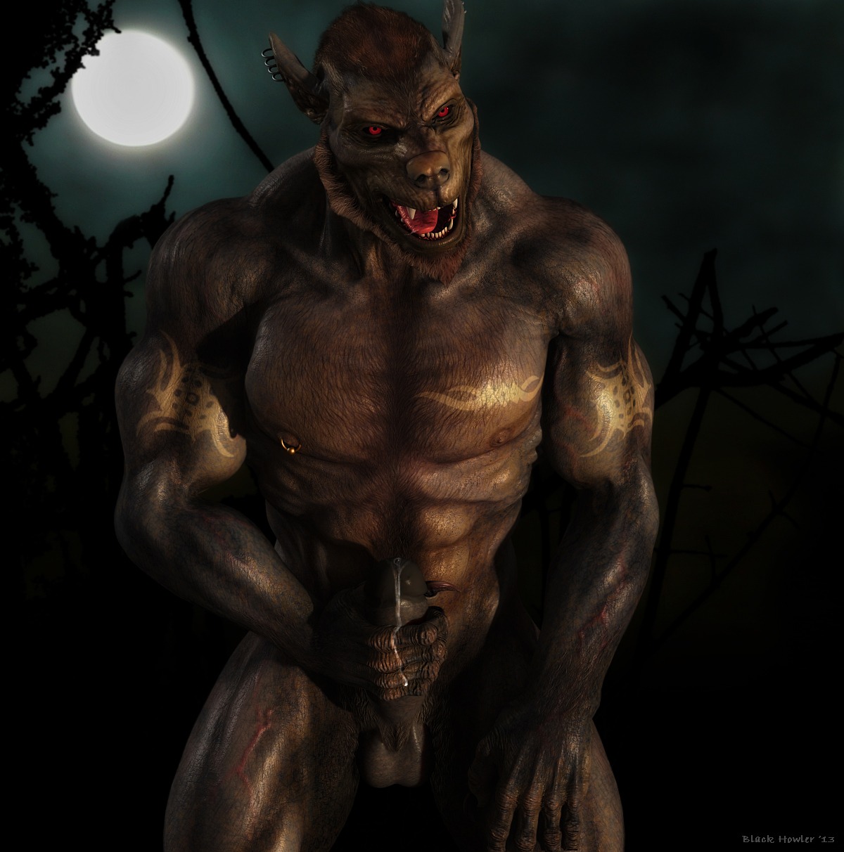 2013 3d_(artwork) abs anthro athletic balls biceps big_muscles big_penis biped black_howler black_penis bodily_fluids brown_body brown_fur brown_hair canid canine canis claws cum cum_string digital_media_(artwork) e621 ear_piercing erection fangs fur genital_fluids genitals hair hi_res humanoid_genitalia humanoid_penis leaking looking_at_viewer lycaeous male mammal masturbation muscular muscular_anthro muscular_male mythological_canine mythological_creature mythology night nipple_piercing nipples nude open_mouth outside pecs penile penile_masturbation penis piercing pose precum presenting red_eyes sky solo standing tattoo teeth tongue vein werecanid werecanine werecreature werewolf wolf