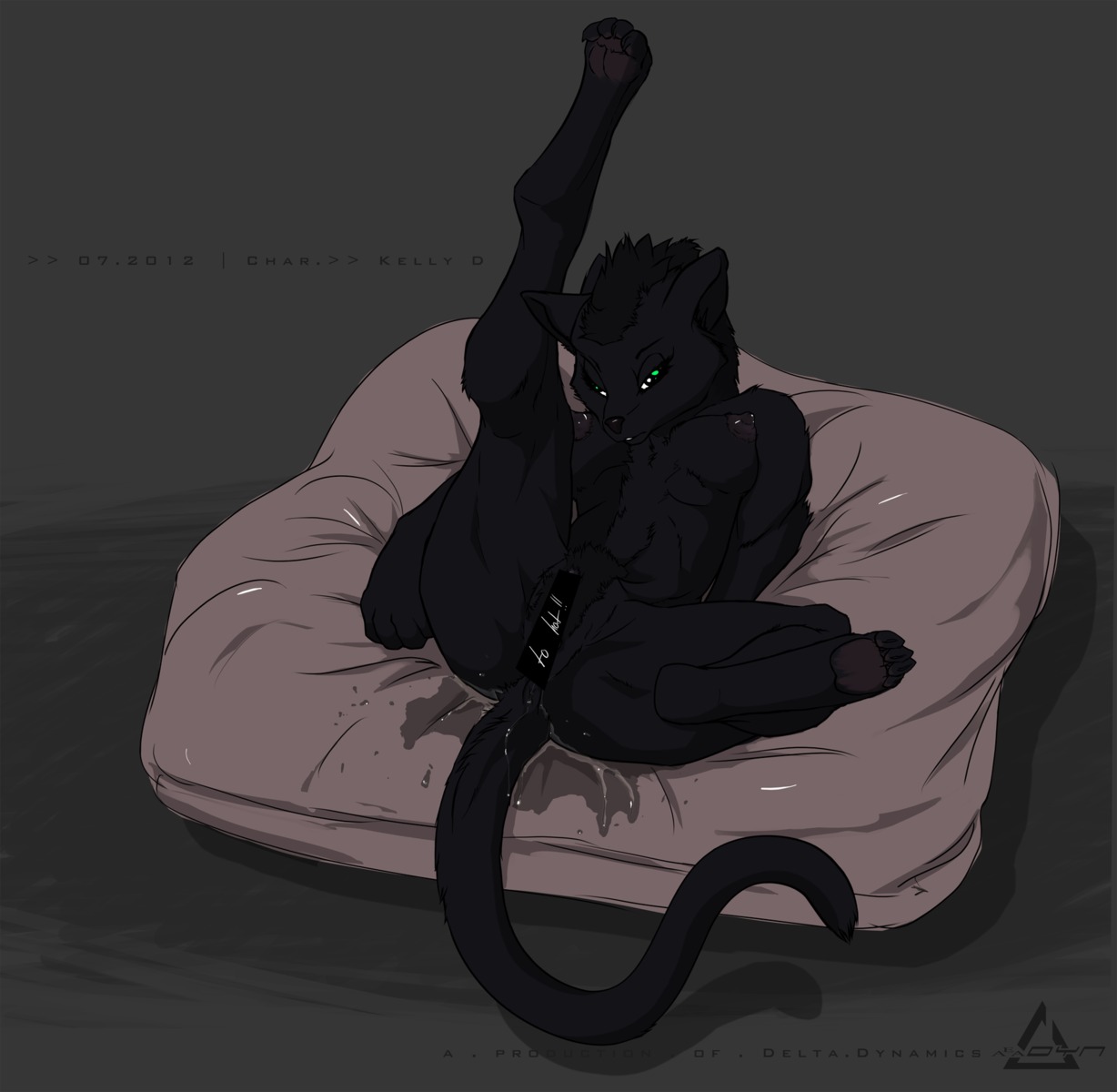 2012 anthro black_body black_fur bodily_fluids breasts cataclysms censor_bar censored delta.dynamics derp_eyes domestic_cat e621 farmlands felid feline felis female fur genital_fluids genitals green_eyes hi_res ineffective_censorship kelly_(delta.dynamics) mammal nipples nude solo tail vaginal_fluids vulva wet