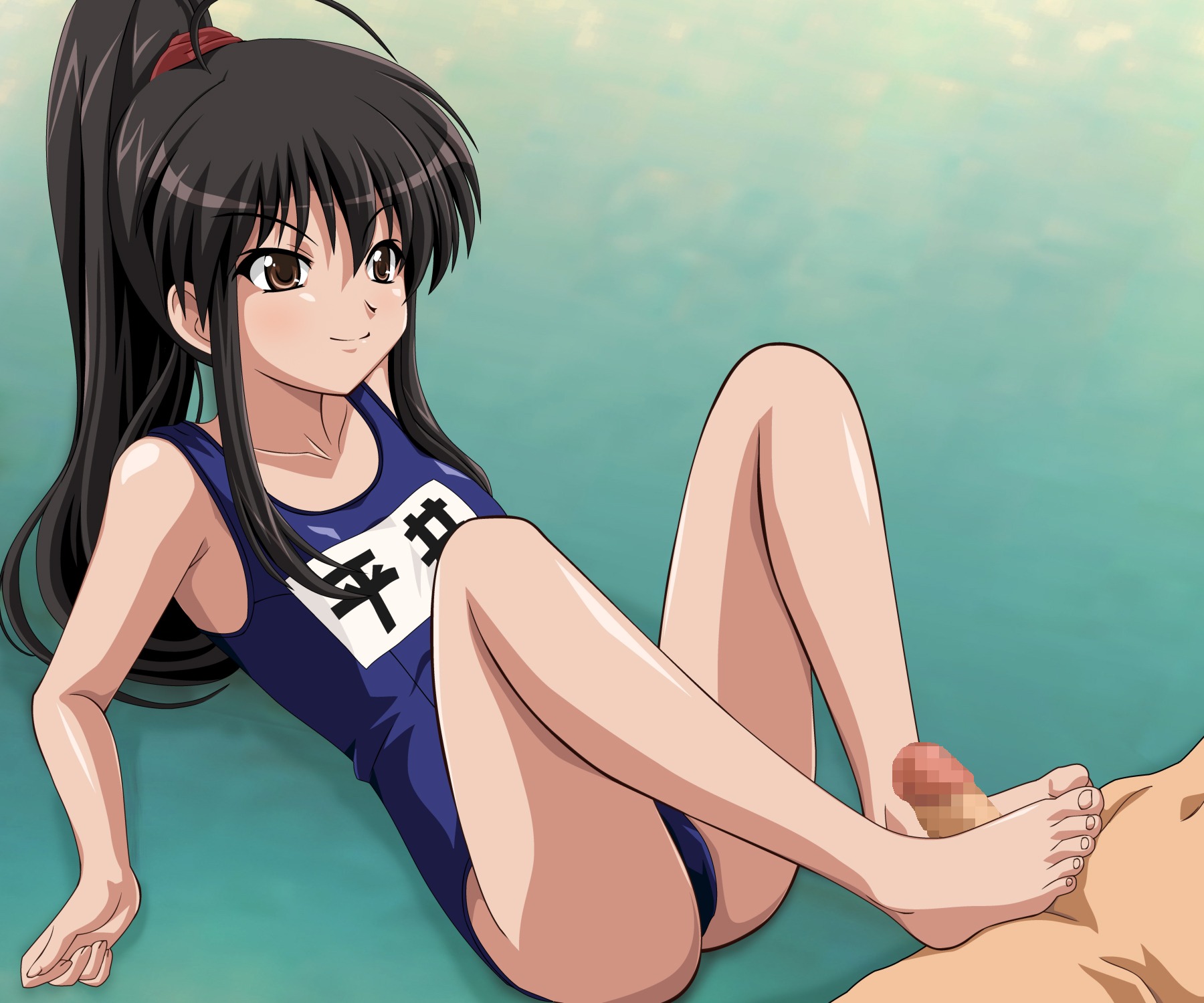 ass barefoot black_hair brown_eyes censored danna feet female footjob hairband highres long_hair male one-piece_swimsuit penis ponytail rule34 school_swimsuit shakugan_no_shana shana smile swimsuit tied_hair