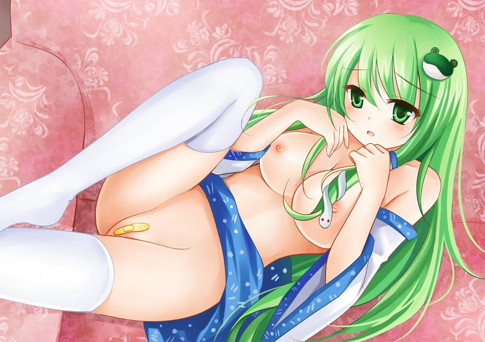 1girls bandaid bandaid_on_pussy breasts female green_eyes lying nikoo nipples on_back pussy rule34 sanae_kochiya solo thighhighs touhou white_legwear white_thighhighs