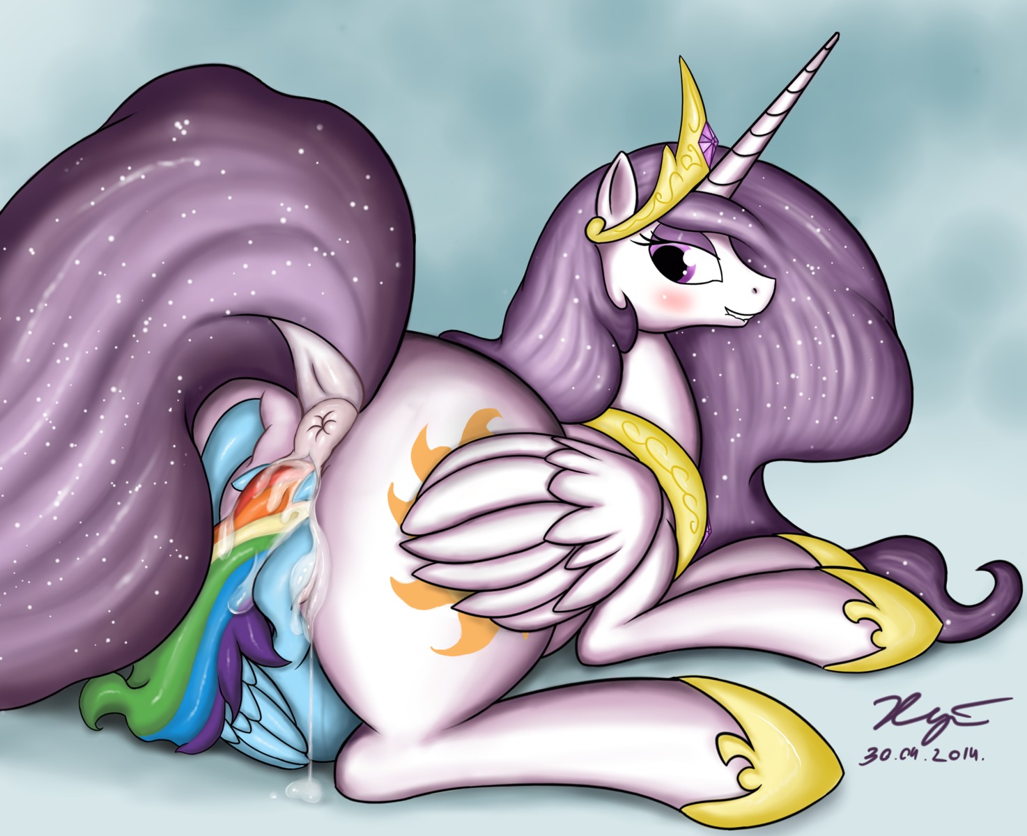 2014 absurd_res anus bite biting_lip biting_own_lip blue_body blue_feathers blue_fur blush bodily_fluids butt crown cutie_mark duo e621 equid equine fan_character feathered_wings feathers female feral feral_pred feral_prey friendship_is_magic fur genital_fluids genitals hair hasbro head_first headgear hi_res horn lips long_hair mammal multicolored_hair my_little_pony mythological_creature mythological_equine mythology pegasus princess_celestia_(mlp) princess_molestia purple_eyes rainbow_dash_(mlp) rainbow_hair self_bite simple_background unbirthing vaginal vaginal_fluids vore vulva white_body white_fur winged_unicorn wings xyi