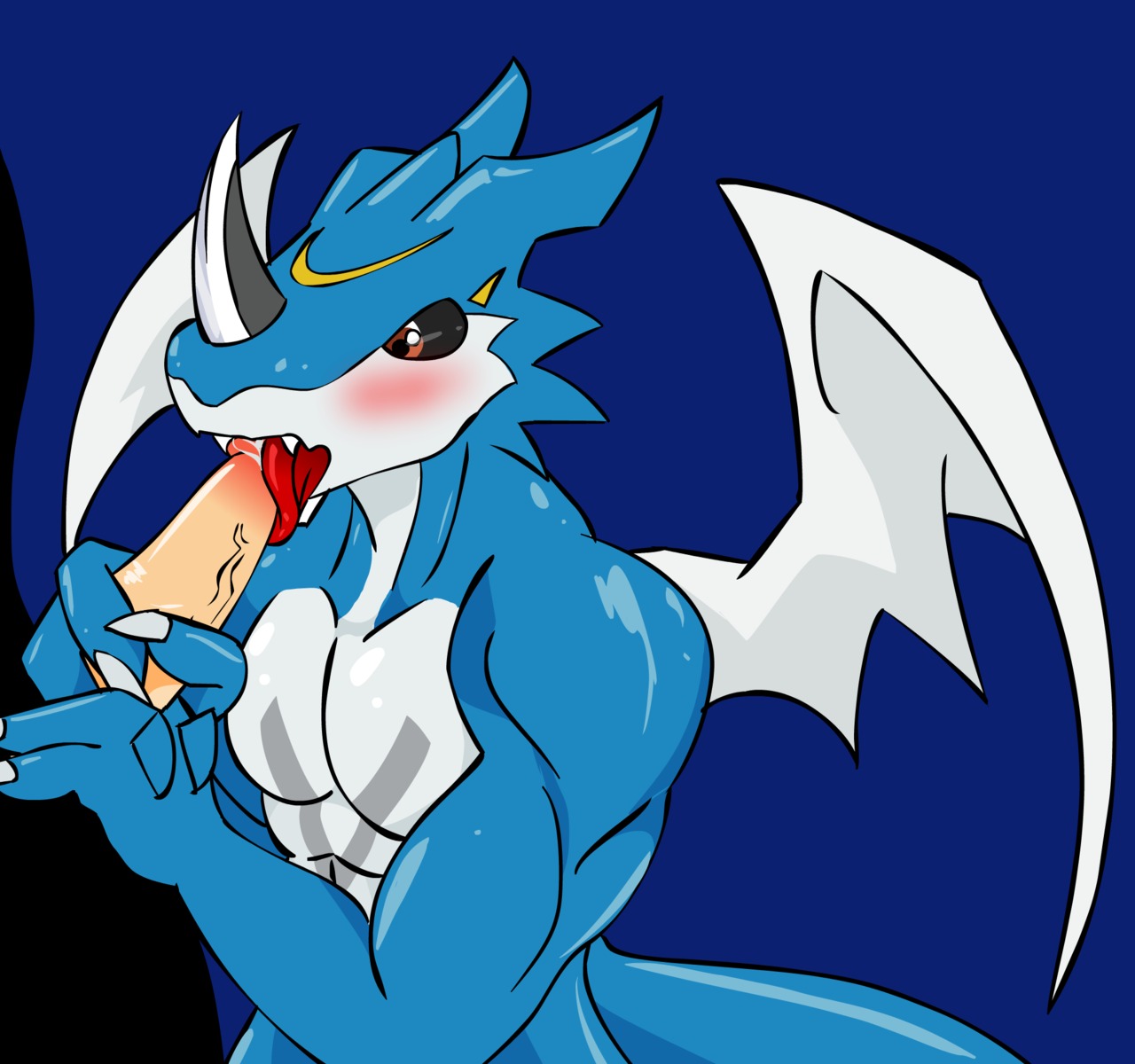 abs anthro bandai_namco biceps blue_body blue_skin blush brown_eyes countershading digimon digimon_(species) dragon duo e621 erection exveemon faceless_character faceless_male fellatio genitals hi_res horn kneeling licking male male/male male_penetrated male_penetrating male_penetrating_male markings muscular mythological_creature mythological_scalie mythology nude oral oral_penetration pecs penetration penile penis scales scalie sex tail tongue tongue_out unknown_artist vein