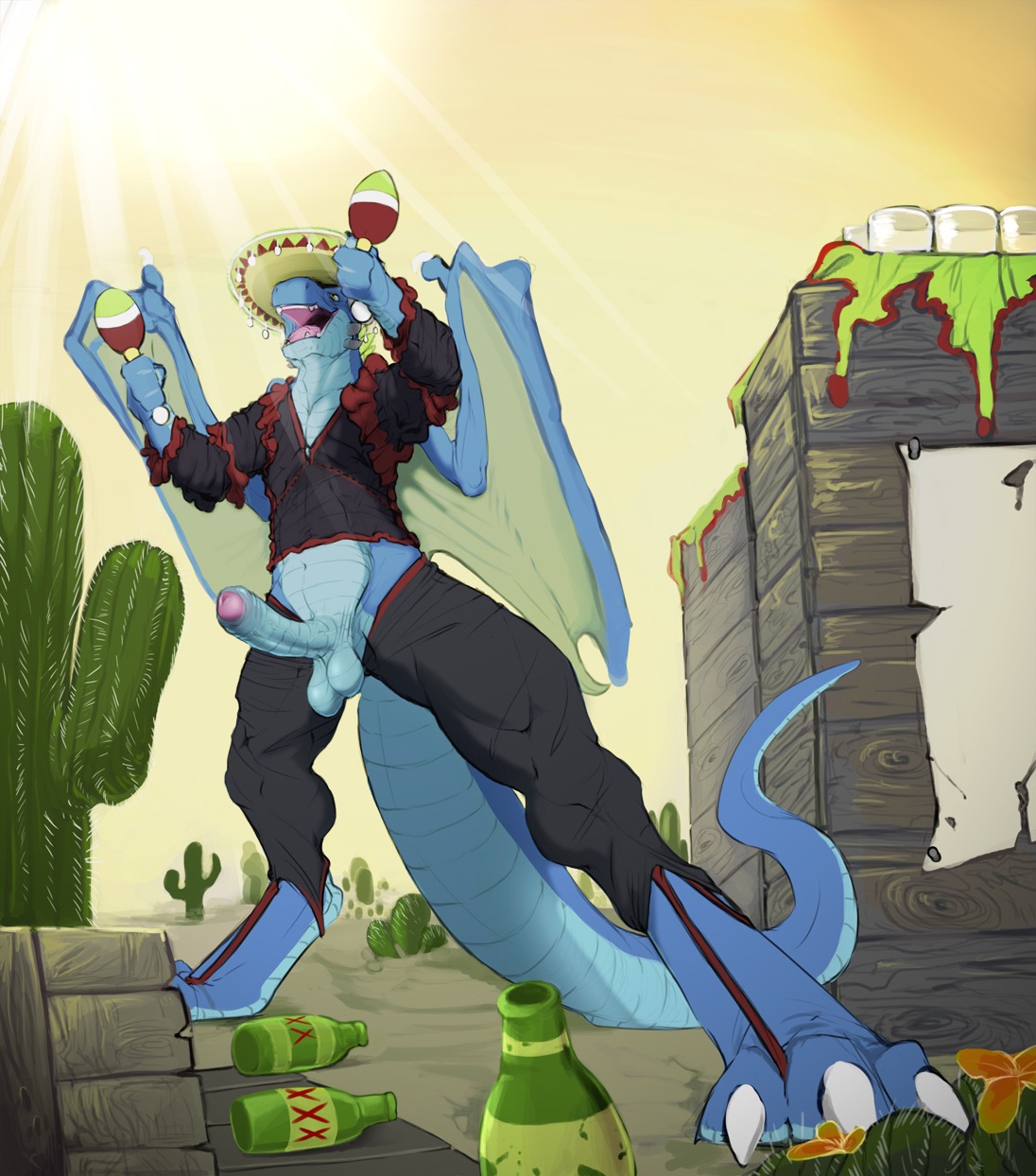2012 anthro balls cinco_de_mayo darkened_genitalia dragon e621 erection foreskin genitals hi_res holidays humanoid_genitalia humanoid_penis male mexican mexico mythological_creature mythological_scalie mythology narse partially_retracted_foreskin penis scalie solo tail