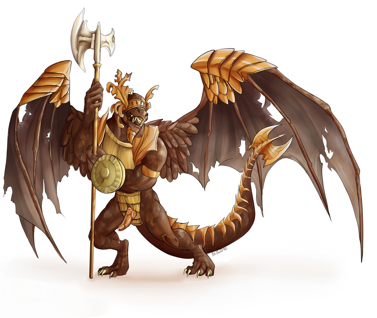 2013 anthro armor bell_gargoyle biped bodily_fluids brown_body brown_scales brown_skin claws dark_souls digitigrade e621 erection eyeless fromsoftware gargoyle genital_fluids genitals halberd holding_object holding_weapon male melee_weapon membrane_(anatomy) membranous_wings muscular muscular_anthro muscular_male penis polearm pose precum rock scales sculpture shield simple_background sirboburto solo standing statue teeth weapon white_background wings
