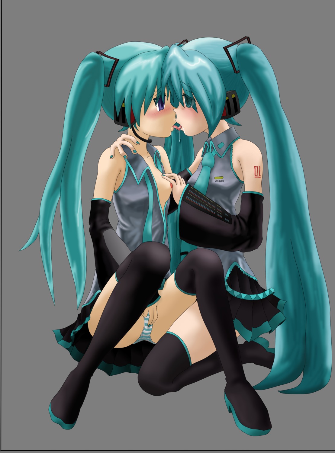 2girls aqua_hair blush breasts clone detached_sleeves dual_persona female fingering french_kiss hatsune_miku headset kiss long_hair multiple_girls necktie nipples open_clothes open_shirt panties purple_eyes rule34 saliva selfcest shirt skirt small_breasts striped striped_panties tagme thigh_boots thighhighs tongue twintails underwear very_long_hair vocaloid yuri