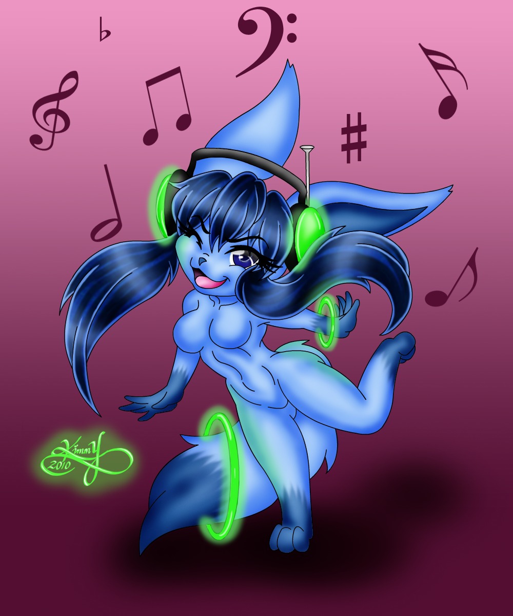 3_toes 5_fingers anthro barefoot blue_eyes blue_fur breasts color eeveelution female female_only front_view fur furry furry_breasts furry_ears furry_tail generation_4_pokemon glaceon glowing hair headphones long_hair looking_at_viewer nintendo nude open_mouth pointy_ears pokemon pokemon_(species) pokemorph rule34 solo tail wink