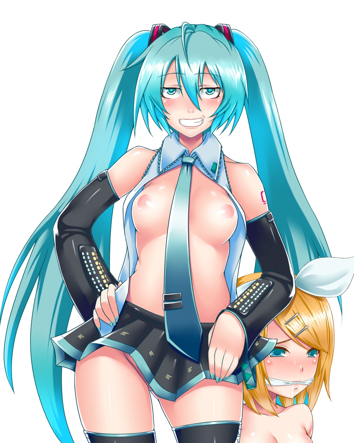 2girls aqua_eyes aqua_hair areolae bare_shoulders bdsm black_legwear blonde_hair blue_eyes blue_hair blush bondage breasts collarbone detached_sleeves elbow_gloves female gag gagged gloves grin hair_ornament hair_ribbon hairclip hand_on_hip hatsune_miku highres kagamine_rin long_hair medium_breasts miniskirt mizuse_kouichi multiple_females multiple_girls nail_polish necktie nipples no_panties open_clothes open_shirt ribbon rule34 saliva shirt short_hair simple_background skirt smile teeth thighhighs tied_hair twintails very_long_hair vocaloid white_background