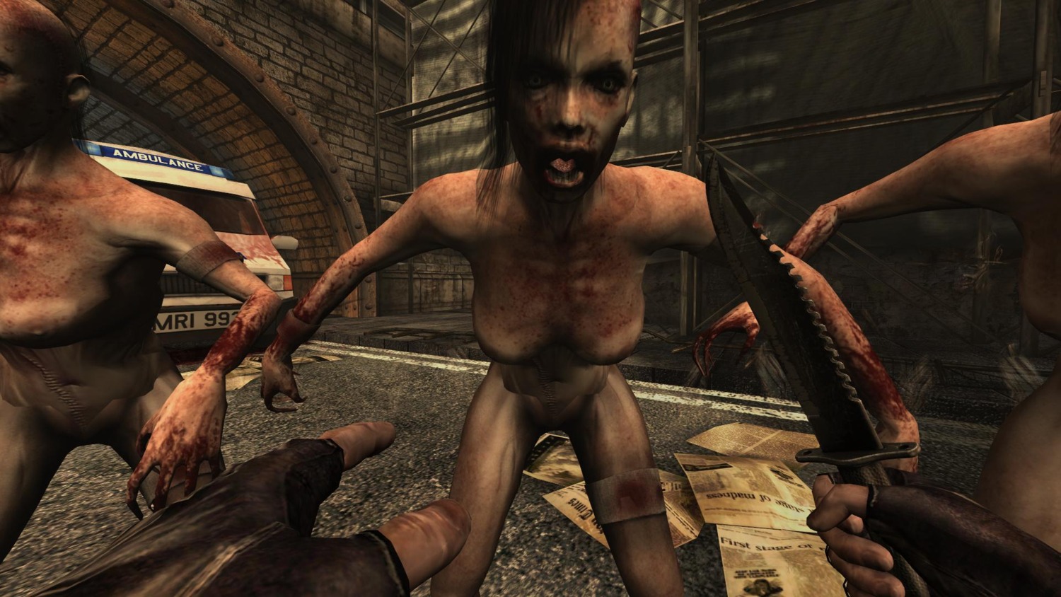 3d 3girls black_hair blood blue_eyes breasts female killing_floor monster_girl nipples nude rule34 scars stalker_(kf)