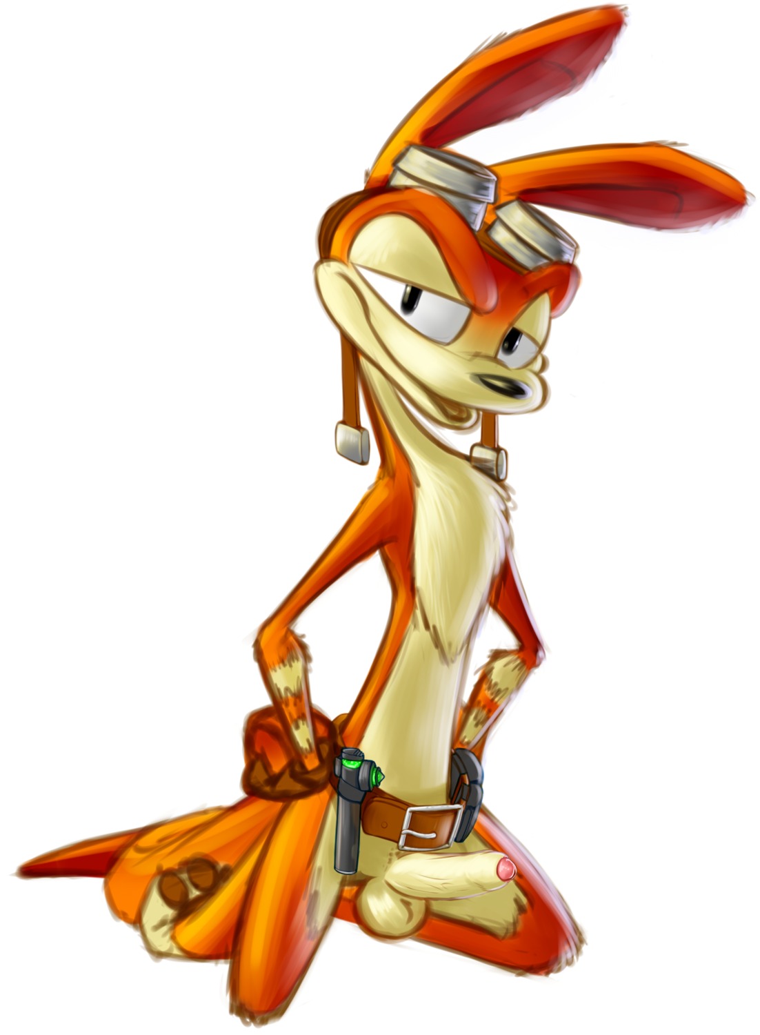 anthro balls belt biped black_eyes black_nose brown_body brown_fur chest_tuft daxter e621 erection eyewear foreskin fur genitals goggles half-closed_eyes hand_on_hip hi_res humanoid_genitalia humanoid_penis hybrid jak_and_daxter kneeling looking_at_viewer male mammal mustelid narrowed_eyes naughty_dog nude open_mouth ottsel partially_retracted_foreskin penis pink_penis simple_background solo sony_corporation sony_interactive_entertainment tan_body tan_fur tools tuft vein weaselgrease white_background xyanth