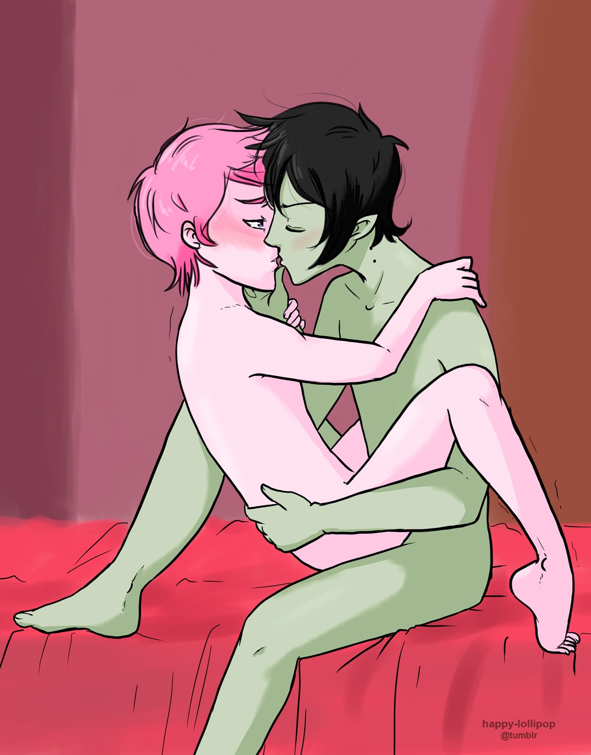 2boys adventure_time artist_request bed blush gay kissing male male/male male_only marshal_lee nude prince_gumball rule34 sex tagme yaoi