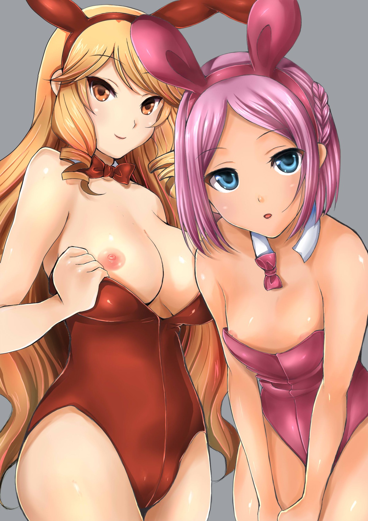 animal_ear bare_legs blonde_hair blue_eyes bow bowtie breast_slip breasts bunny_ear bunny_girl bunnysuit female flat_chest high_resolution large_breasts leaning_forward long_hair multiple_females multiple_girls nipples one_breast_out oozora_kiku oozora_momo otenki_studio pink_hair rule34 short_hair smile ukeshi_(artist) wardrobe_malfunction