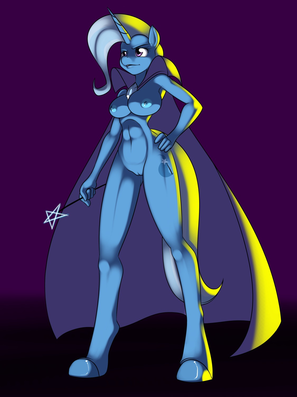 2012 3:4 absurd_res anthro anthrofied biped blue_body blue_nipples breasts cape clothing cutie_mark digital_media_(artwork) e621 equid equine female friendship_is_magic genitals hair hasbro hi_res hooves horn kloudmutt long_hair mammal my_little_pony mythological_creature mythological_equine mythology navel nipples nude purple_eyes solo standing tail trixie_(mlp) unicorn vulva wand white_hair wide_hipped_female wide_hips