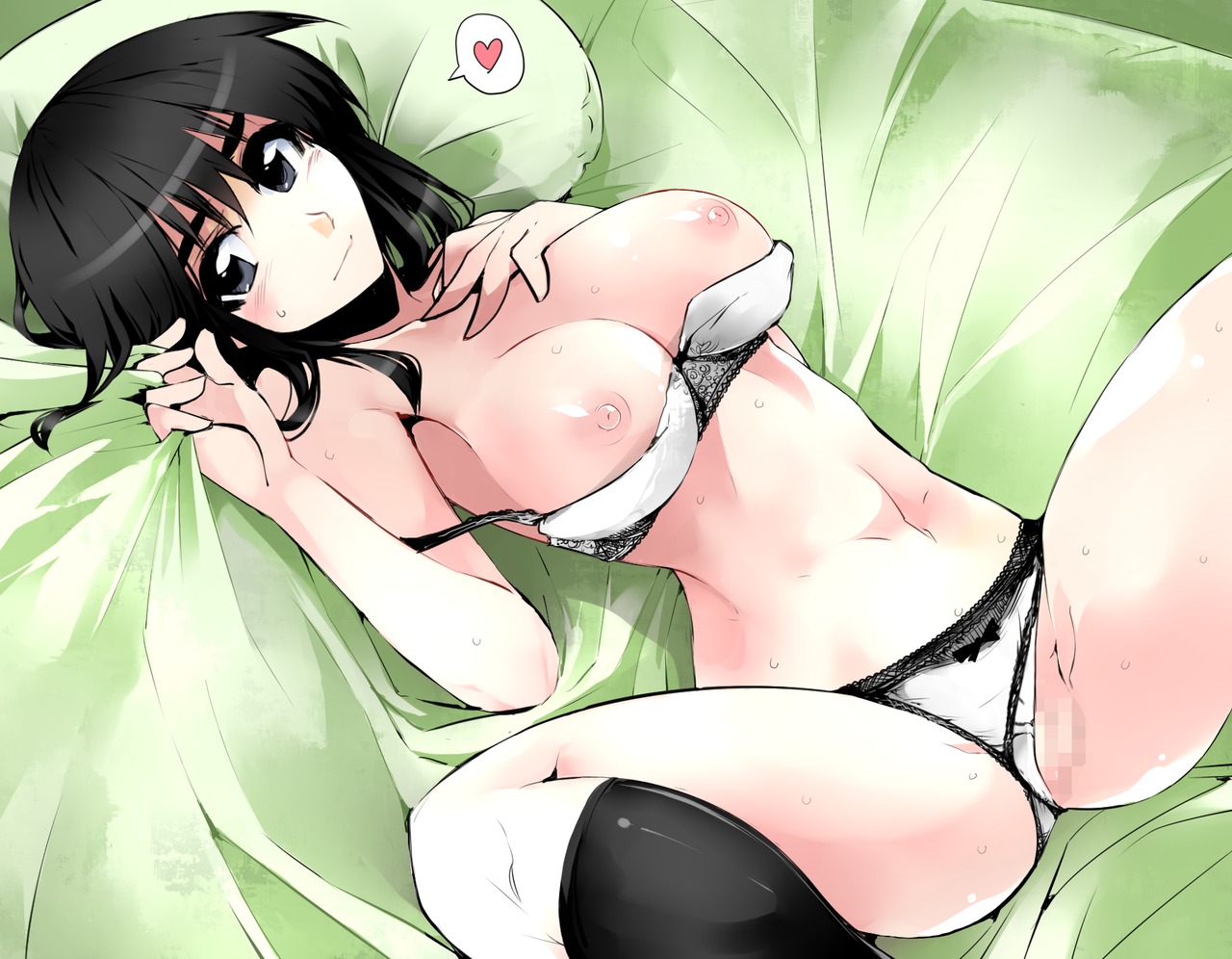 black_hair bow bow_panties bra bra_pull breasts censored cosaten female grey_eyes heart large_breasts long_hair lying panties panties_aside pussy rule34 school_rumble spoken_heart suou_mikoto sweat underwear