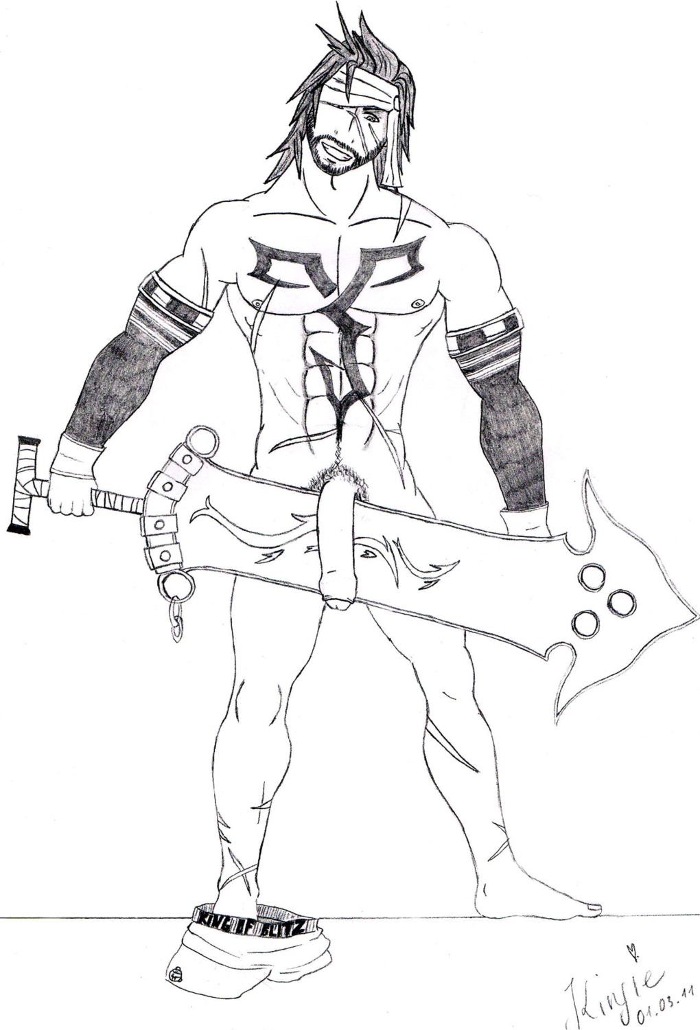 10s 1boy 2011 dated final_fantasy final_fantasy_x jecht_(final_fantasy) kinyie male male_only monochrome rule34 solo sword tagme traditional_media_(artwork)