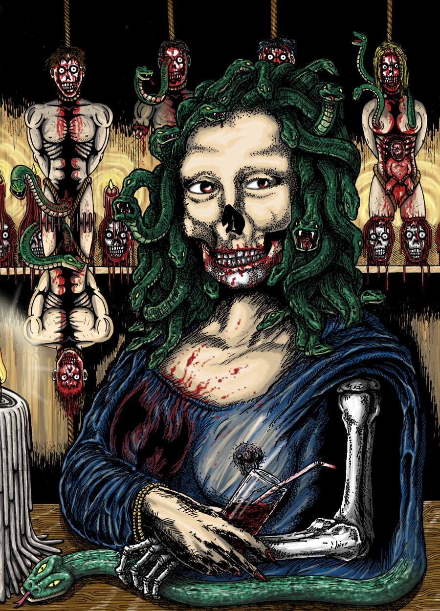 art blood fine_art_parody gore greek_mythology guro male male_focus medusa medusa_(greek_mythology) mona_lisa rule34 santeria skull tagme