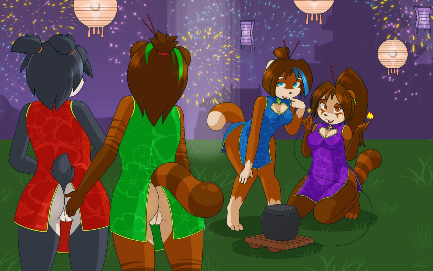 16:10 accessory anthro bear blizzard_entertainment bottomless breasts brown_body brown_fur brown_hair claws clothed clothing digital_media_(artwork) e621 female fireworks fur genitals grope group hair hair_accessory hairpin helsy hi_res lamp lantern mammal moon outside pandaren paper_lantern red_pandaren vulva warcraft widescreen
