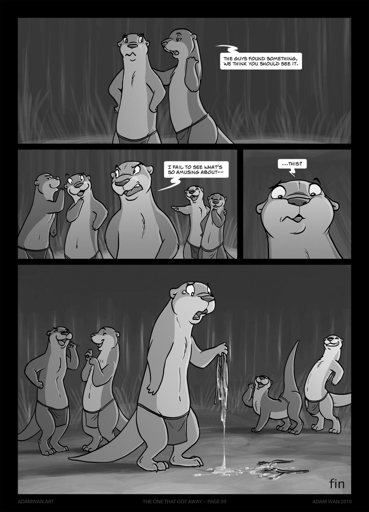 absurd_res anthro bodily_fluids canid canine comic cum cum_on_ground dialogue digital_media_(artwork) e621 english_text genital_fluids greyscale grin group hi_res infidelity laugh male mammal monochrome mustelid navel open_mouth otter outside smile tail text the_end the_one_that_got_away tribal zaush