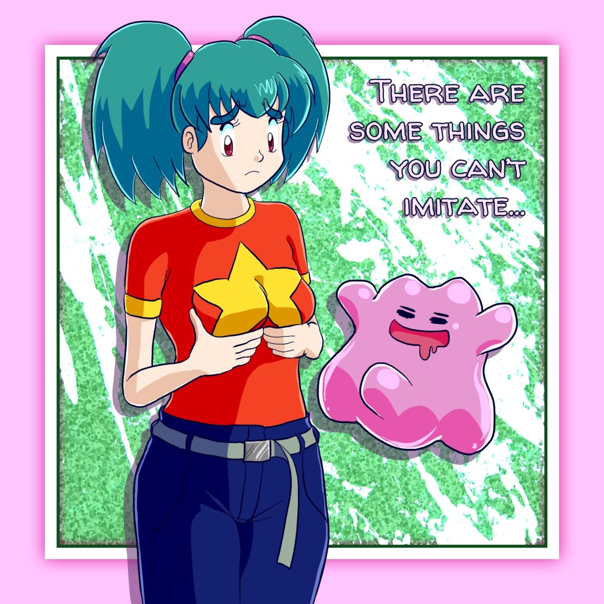 1:1 blue_hair bodily_fluids breast_grab breasts bulge ditto_(pokemon) drooling duo duplica_(pokemon) e621 english_text erection eyes_closed female generation_1_pokemon genitals goo_creature hair hand_on_breast hi_res human male mammal nintendo not_furry penis pigtails pokemon pokemon_(species) red_eyes saliva text unknown_artist